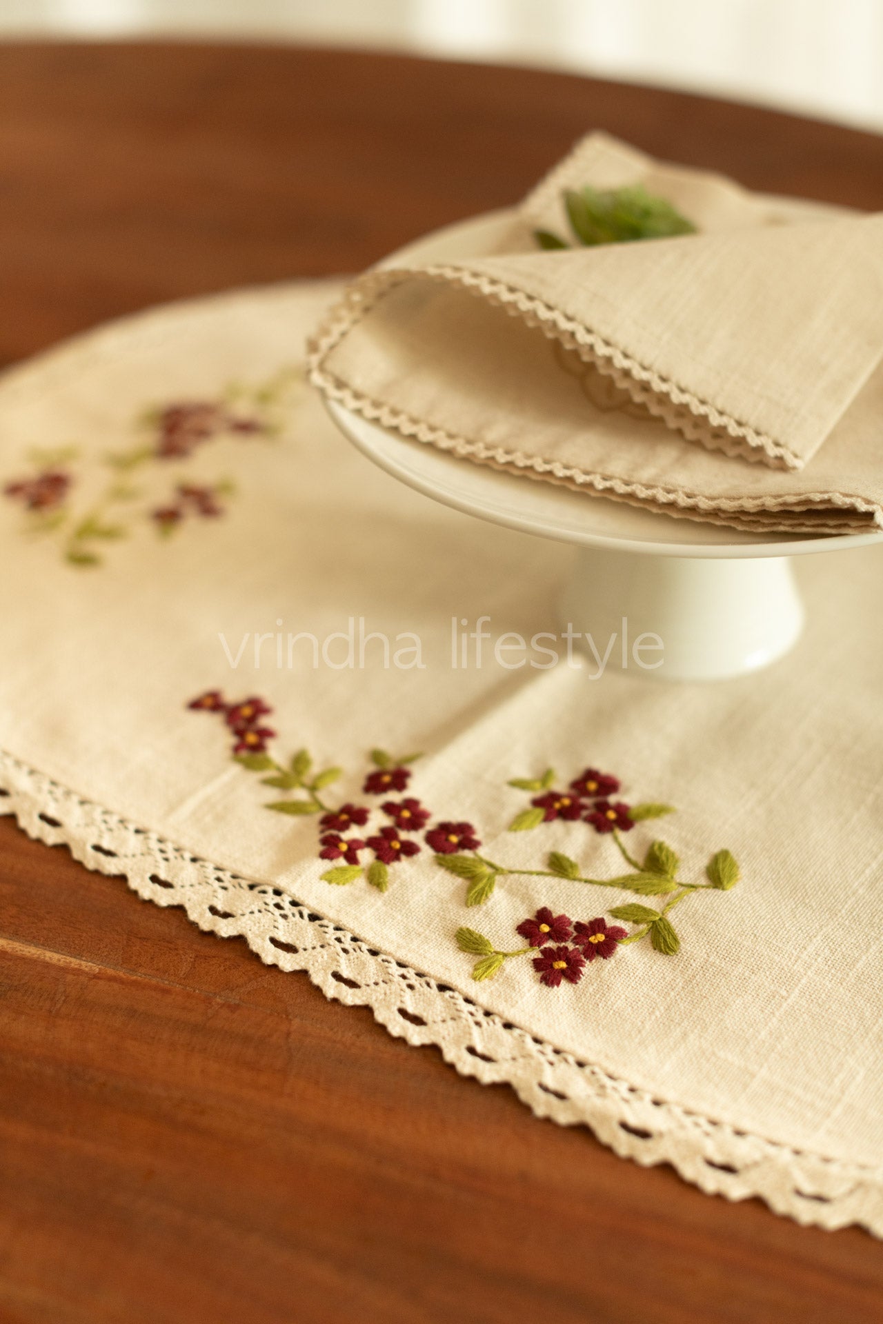 Cotton coffee table runner with hand embroidery and lace detailing - 14x24 inches