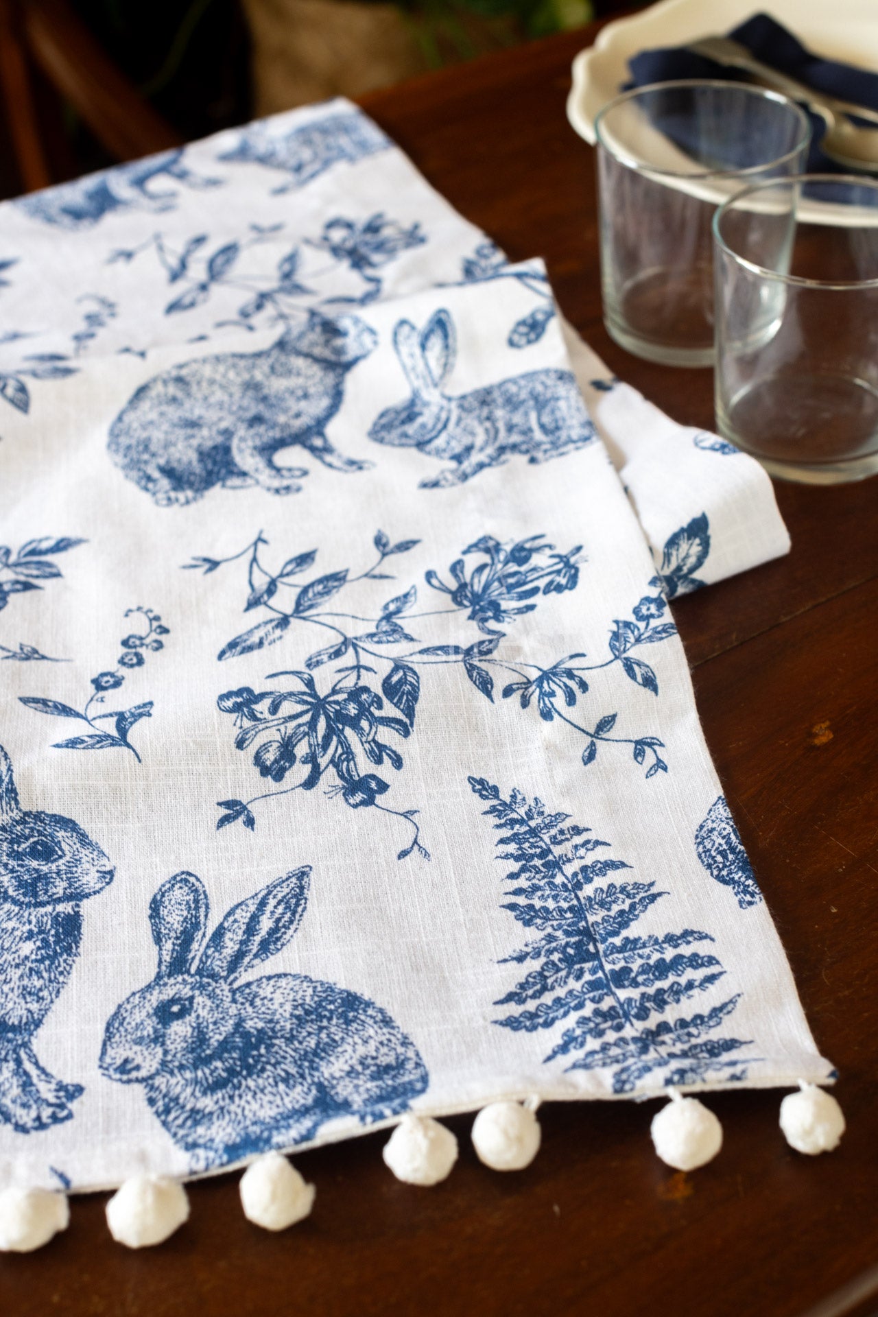 Cotton table runner with pom pom -14x59 inches