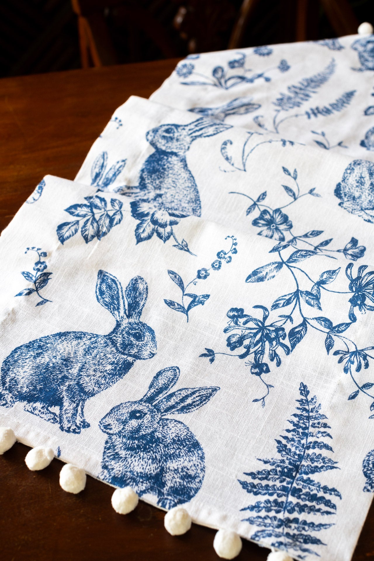 Cotton table runner with pom pom -14x59 inches