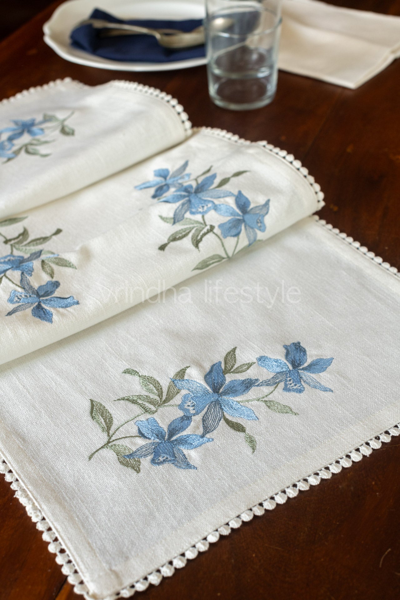 Cotton table runner with embroidery and lace detailing- 13x52 inches-customisable