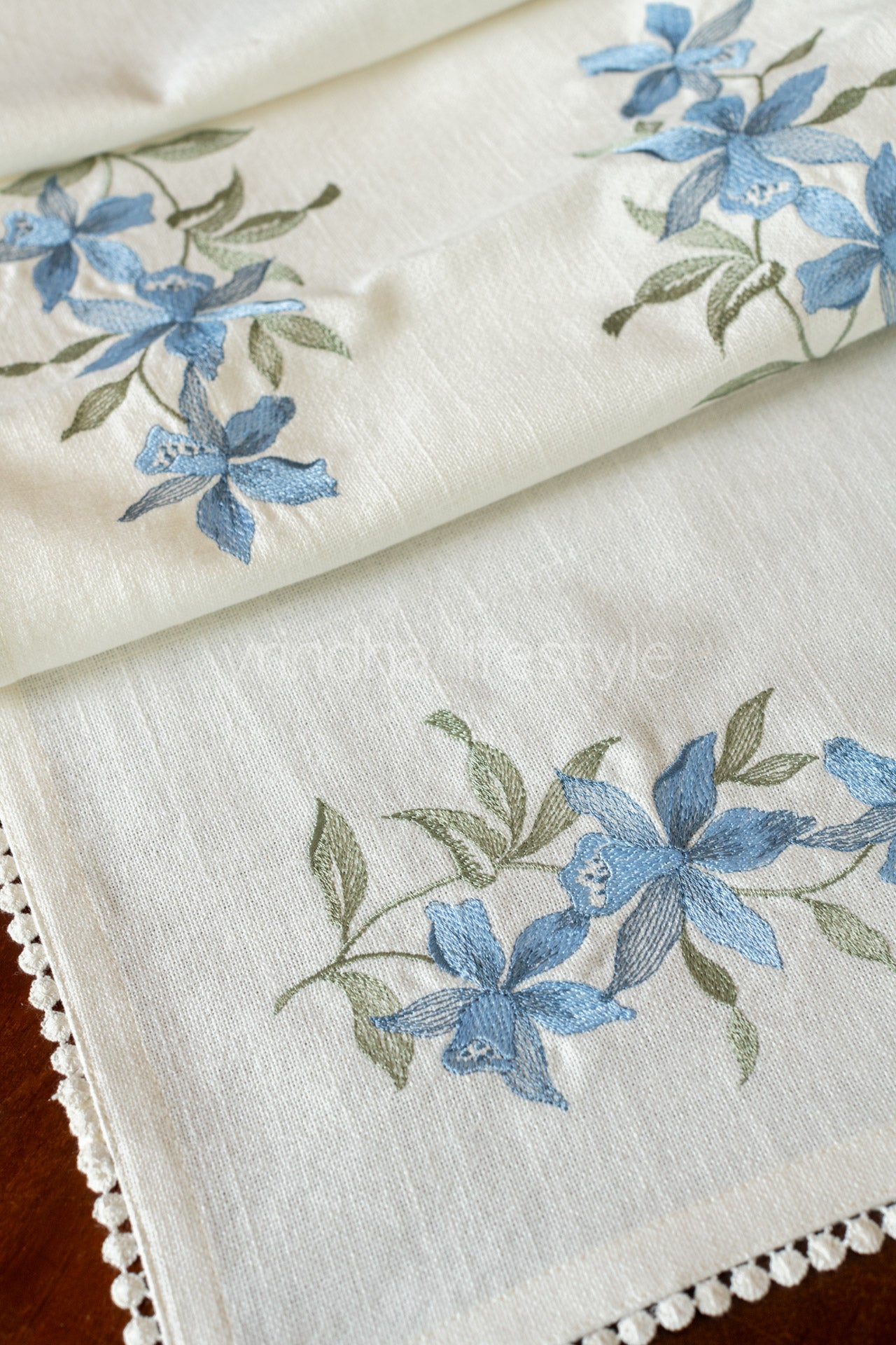Cotton table runner with embroidery and lace detailing- 13x52 inches-customisable