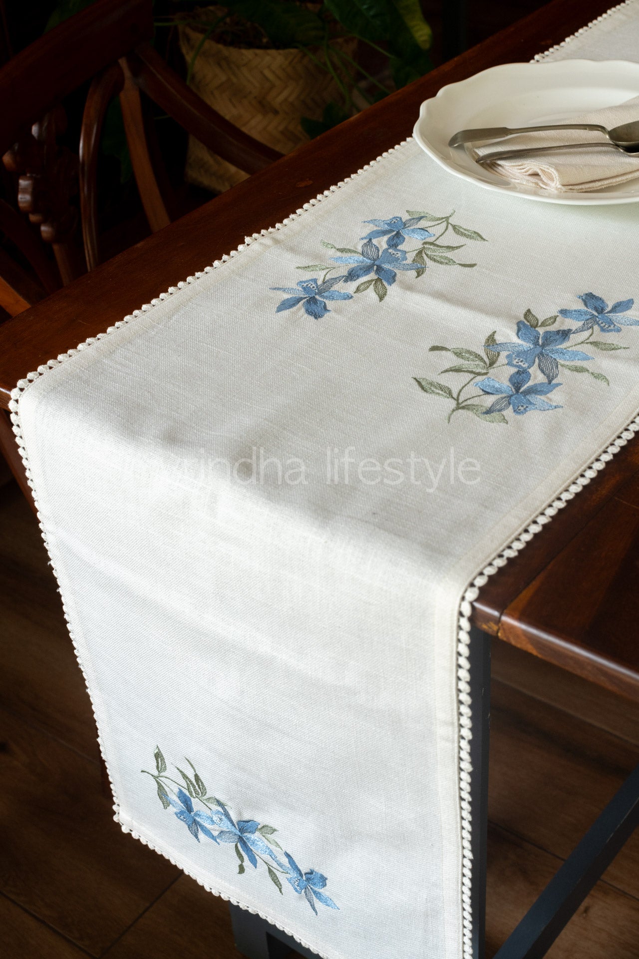 Cotton table runner with embroidery and lace detailing- 13x52 inches-customisable