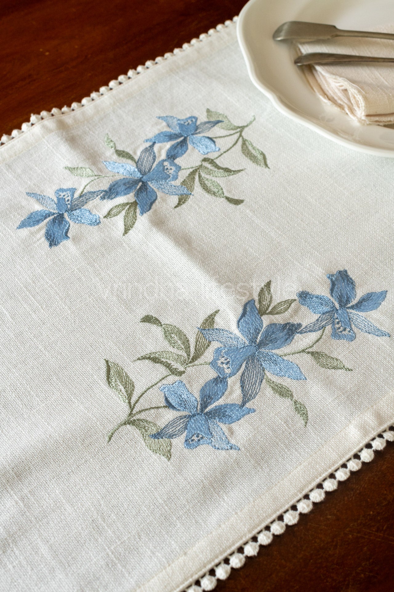 Cotton table runner with embroidery and lace detailing- 13x52 inches-customisable