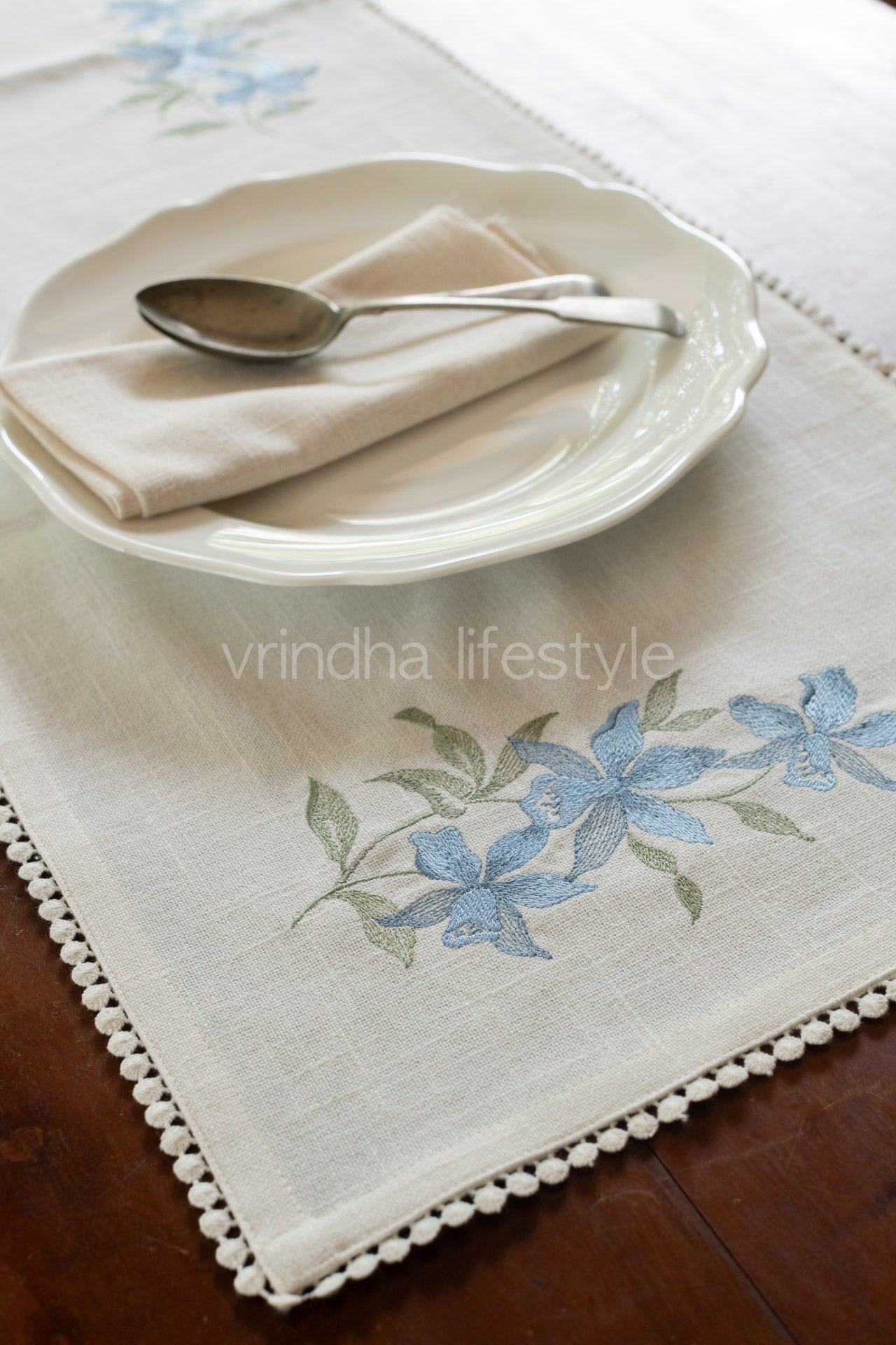 Cotton table runner with embroidery and lace detailing- 13x52 inches-customisable