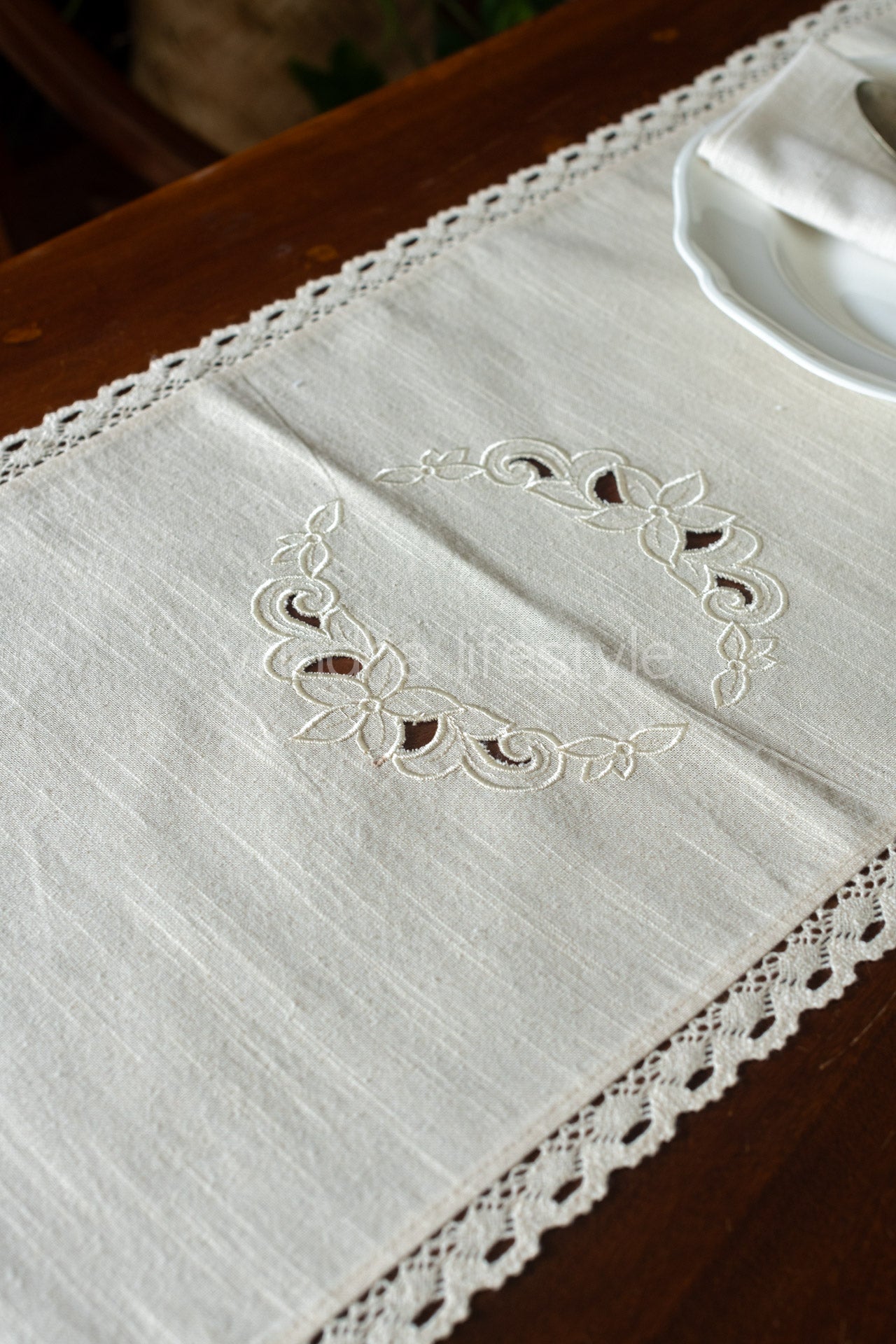 cotton table runner with cut work embroidery and lace detailing -4 seater -13x60inches