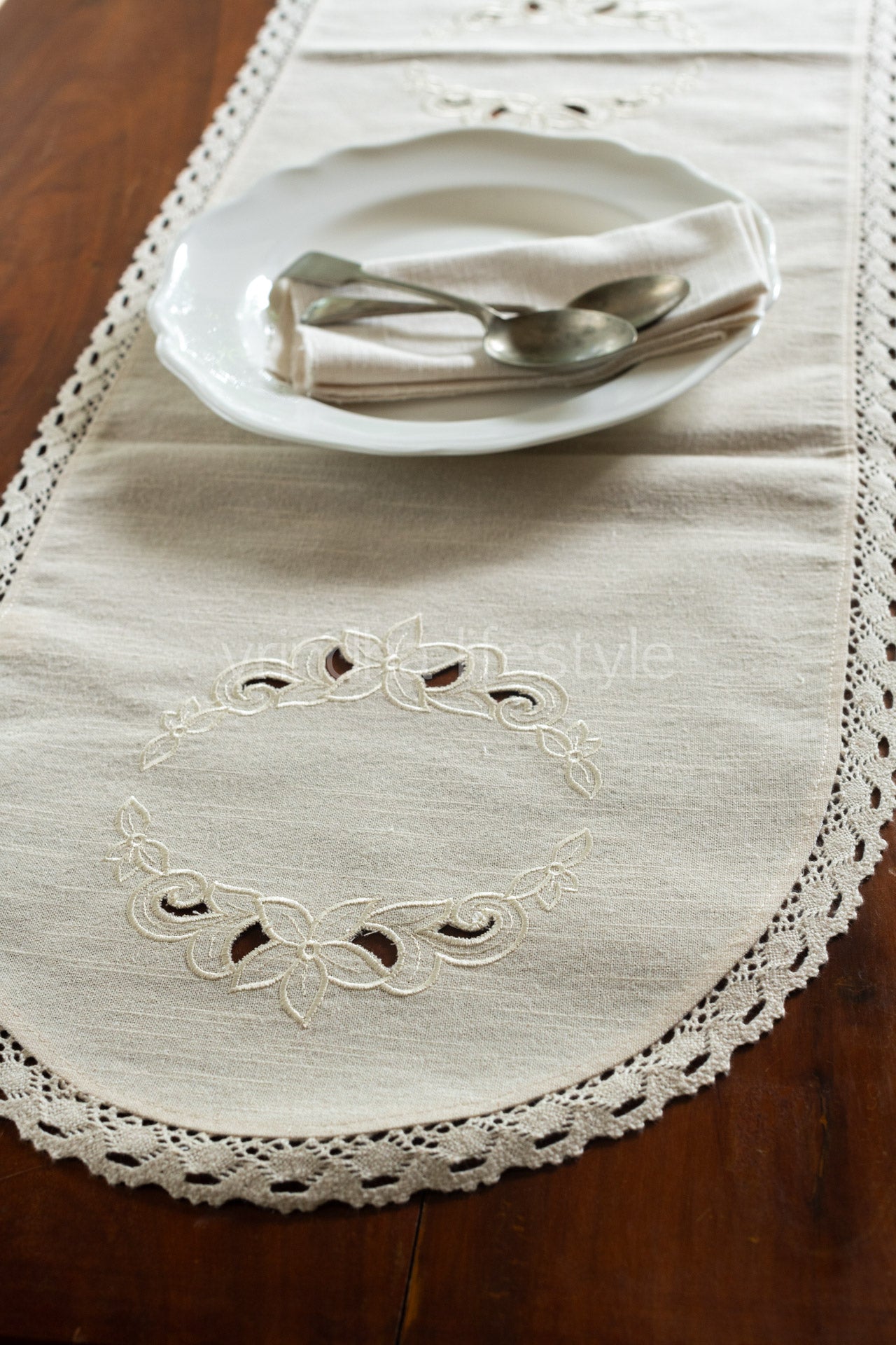 cotton table runner with cut work embroidery and lace detailing -4 seater -13x60inches
