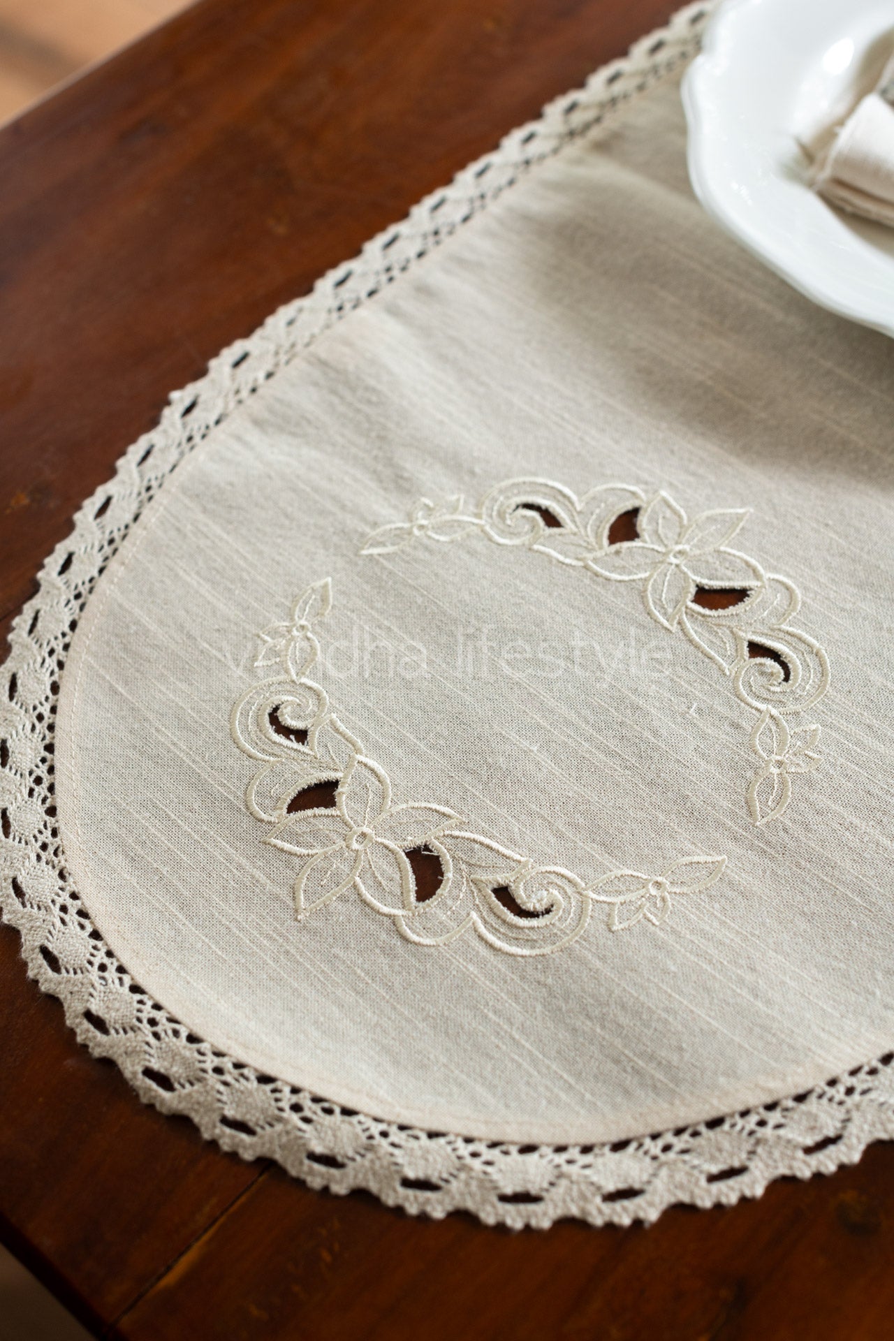 cotton table runner with cut work embroidery and lace detailing -4 seater -13x60inches