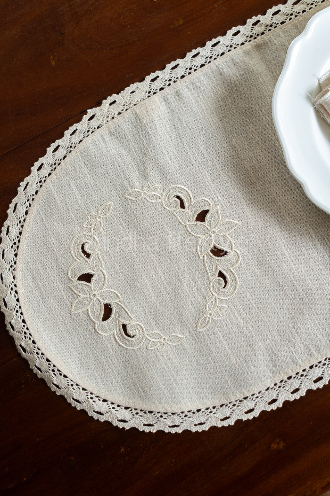 cotton table runner with cut work embroidery and lace detailing -4 seater -13x60inches
