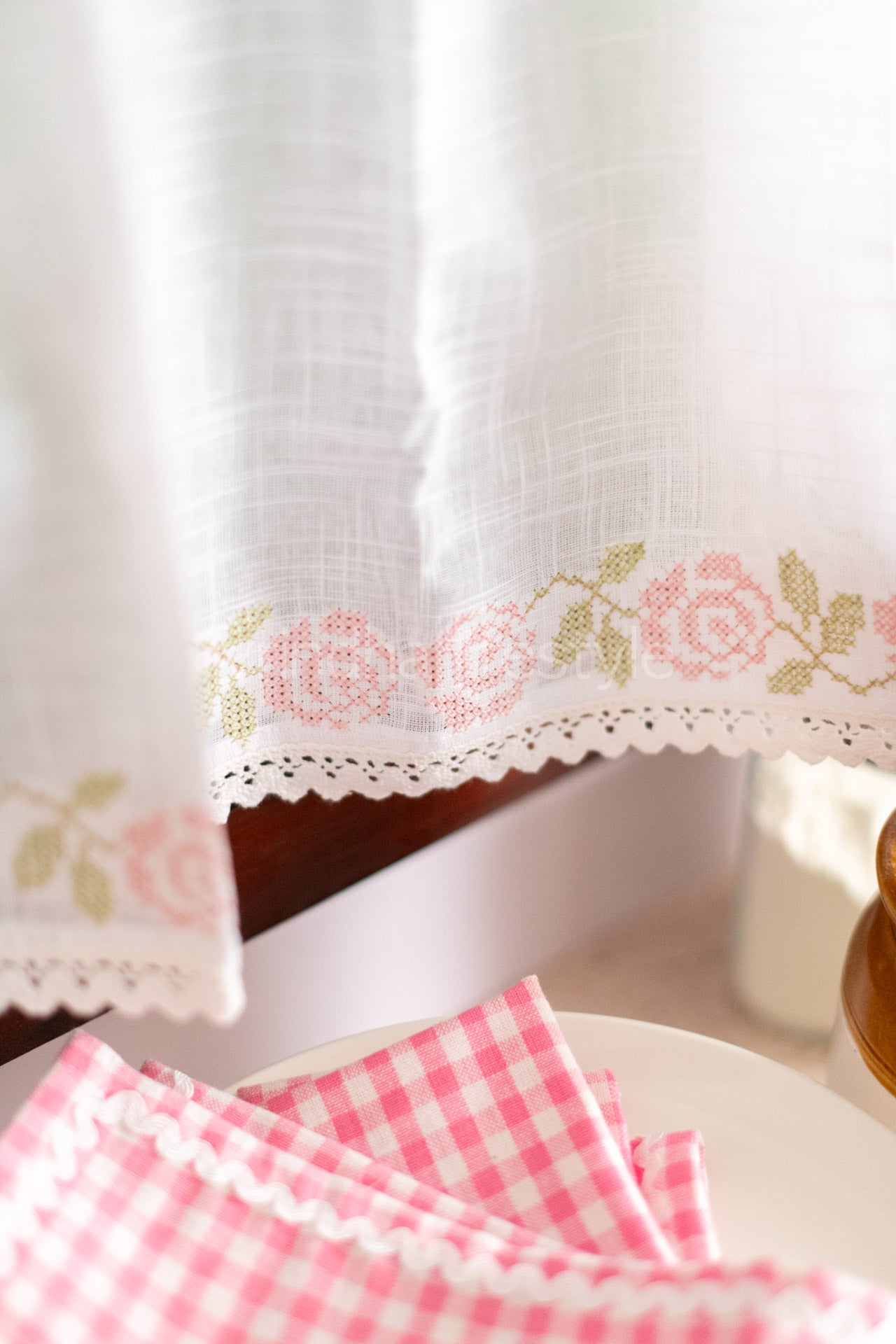 KITCHEN VALANCE-Cotton slub with cross stitch embroidery- customisable