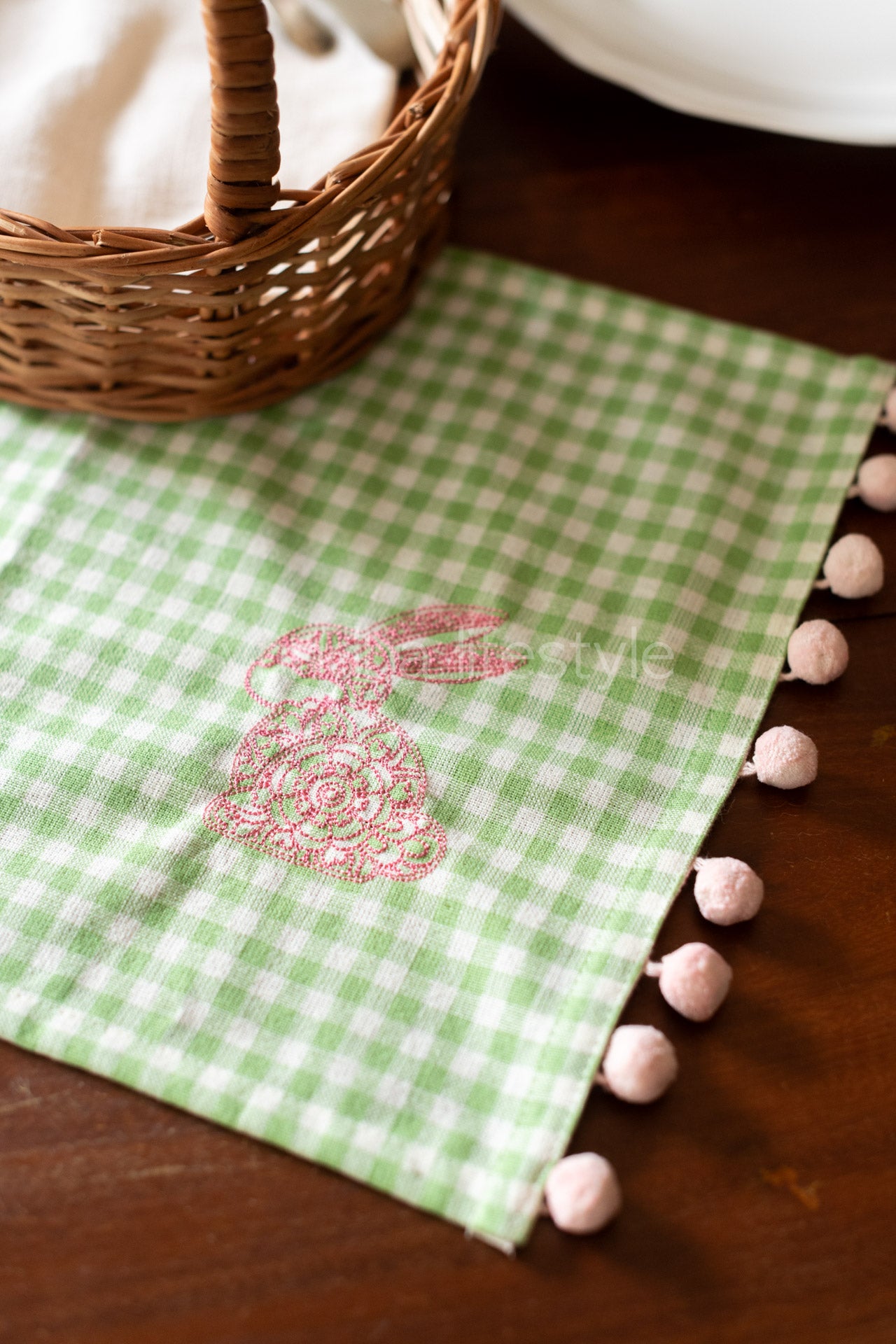 Cotton woven tray mat with embroidery and pom pom lace