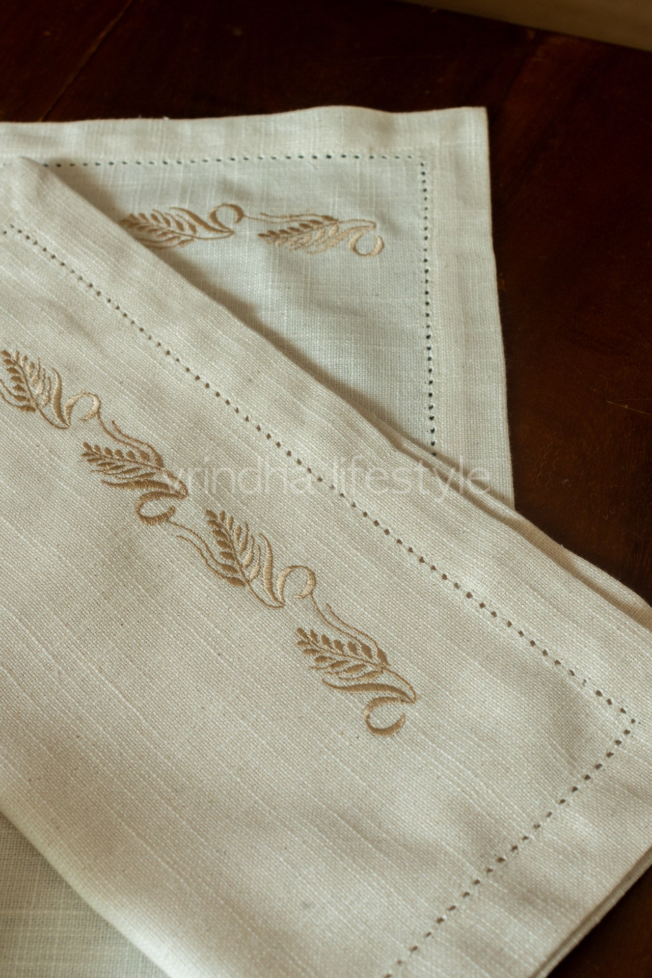 COTTON TABLE NAPKINS with embroidery and hem stitch detailing-Set of 2