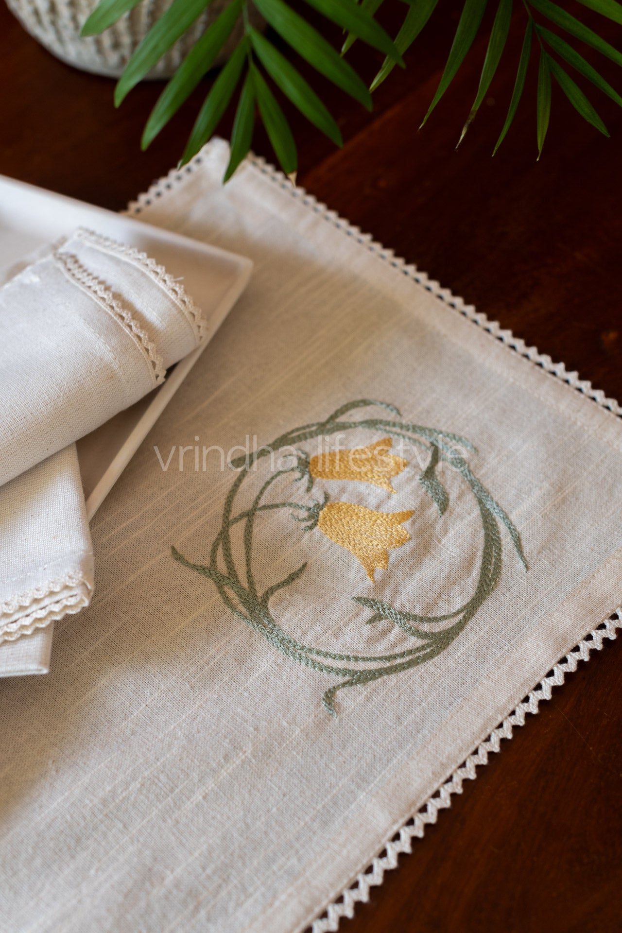 Cotton slub tray mat with floral embroidery and lace detailing- customisable