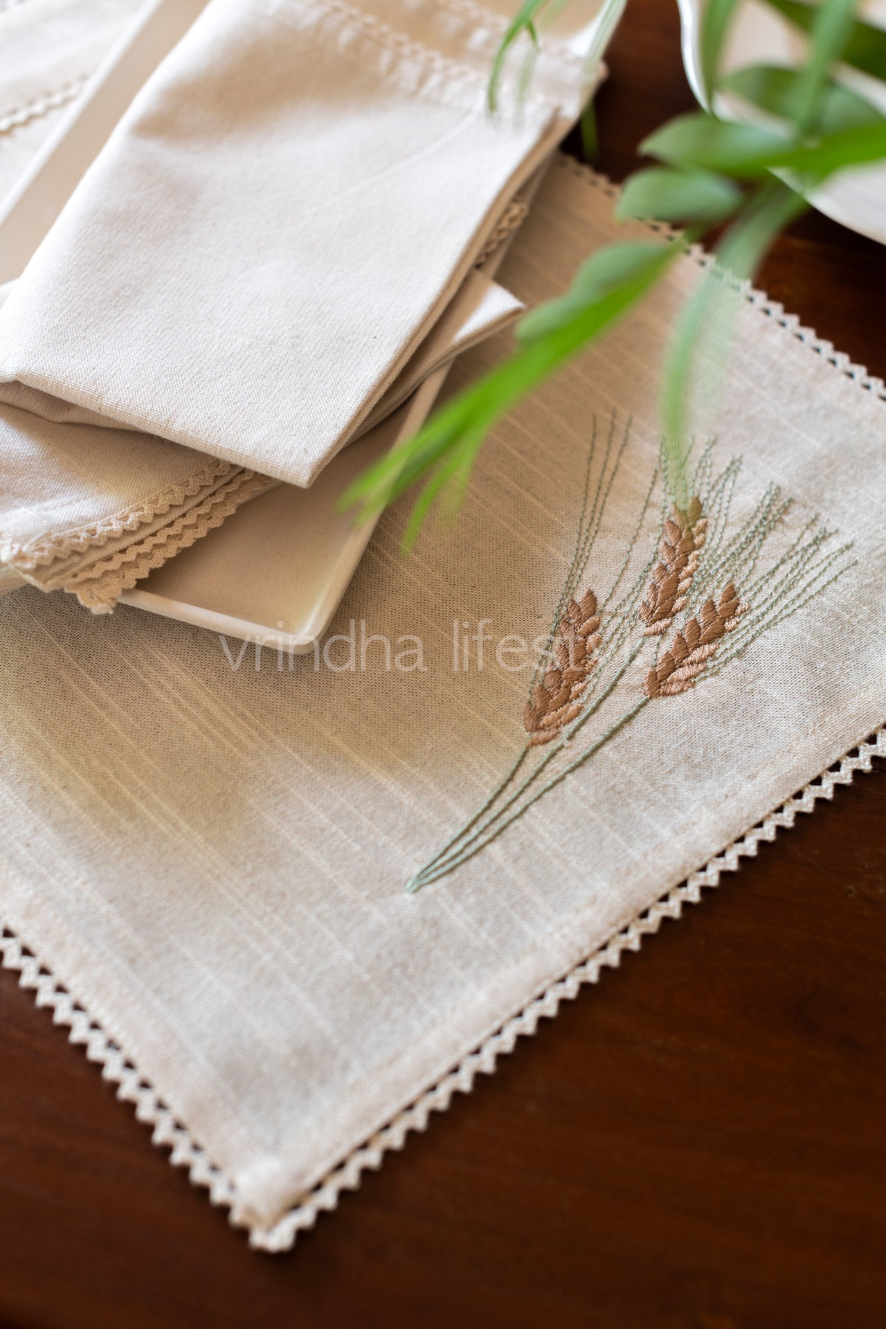 Cotton slub tray mat with embroidery and lace detailing-Single unit customisable