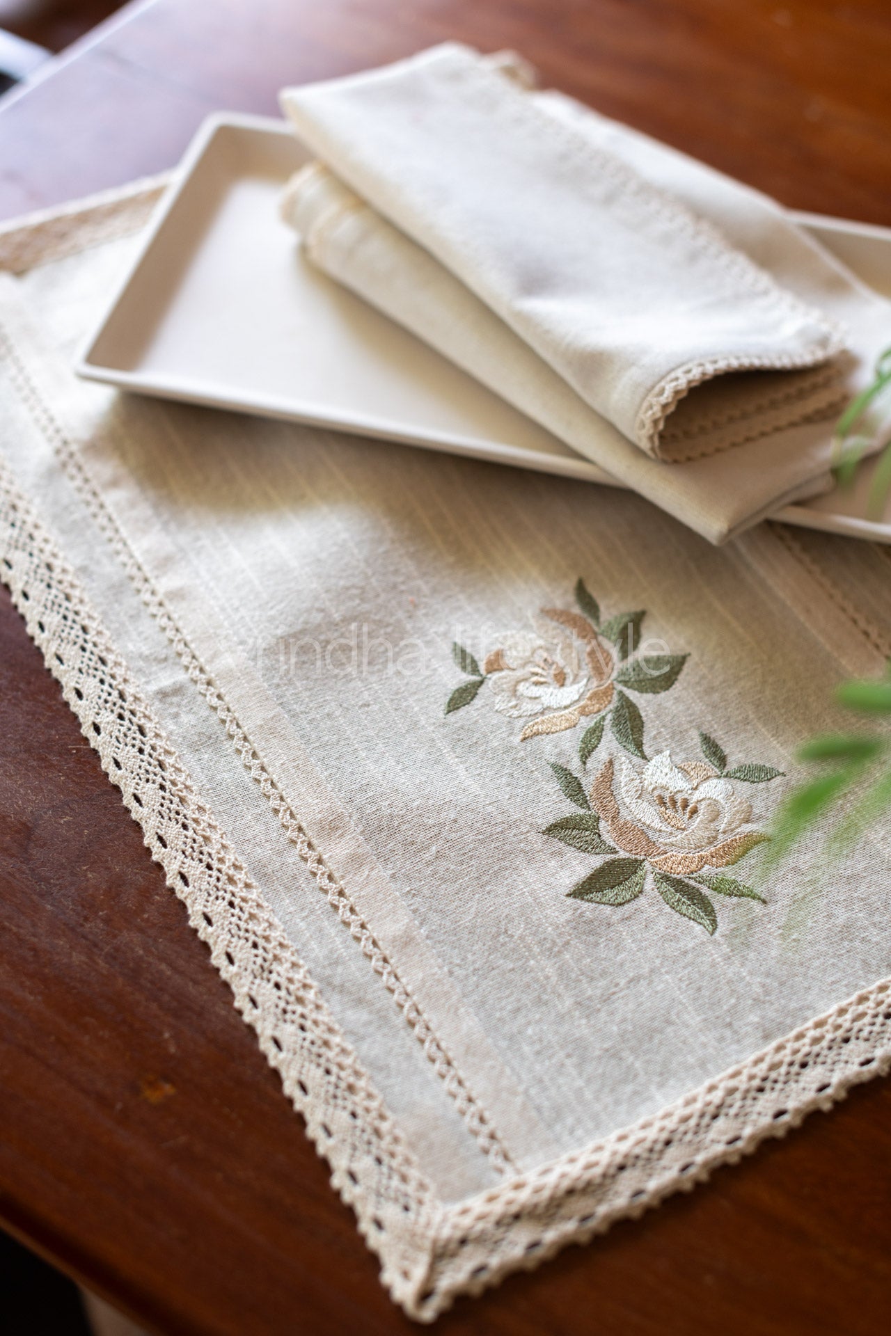 Cotton tray mat with embroidery and lace detailing- customisable