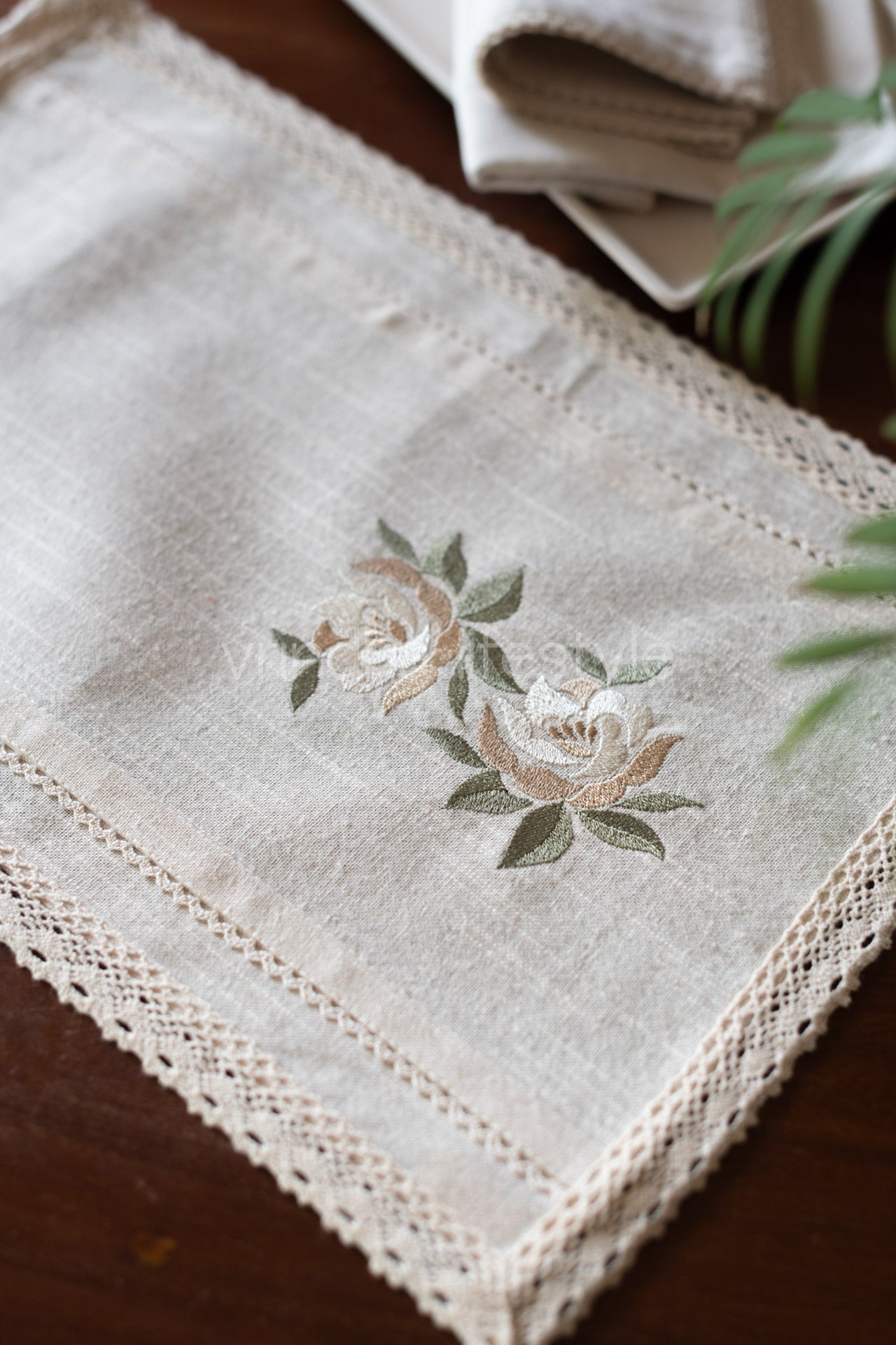 Cotton tray mat with embroidery and lace detailing- customisable