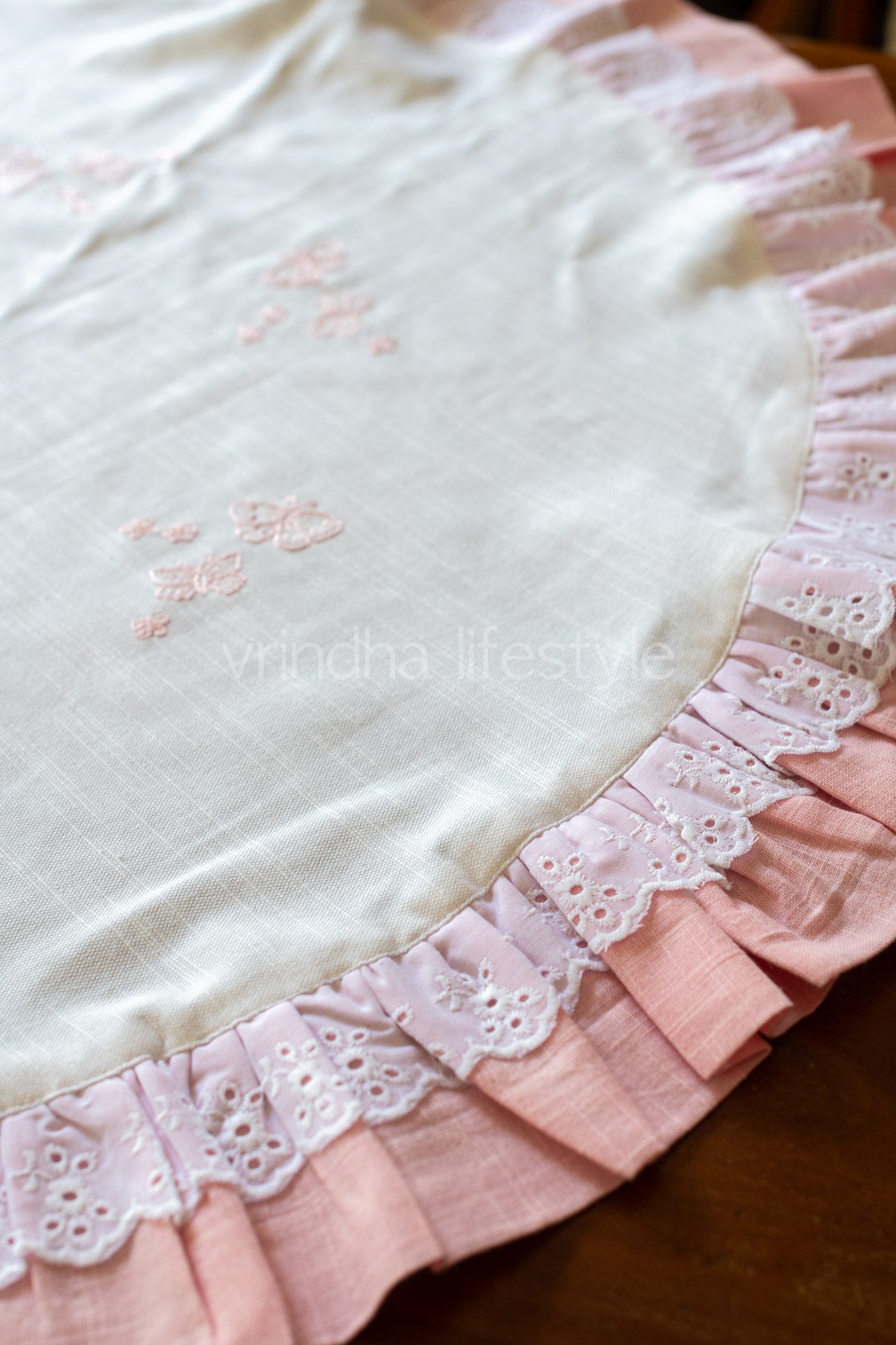 Round table cloth with embroidery ,frill and lace detailing-32 inches-Coffee table cover