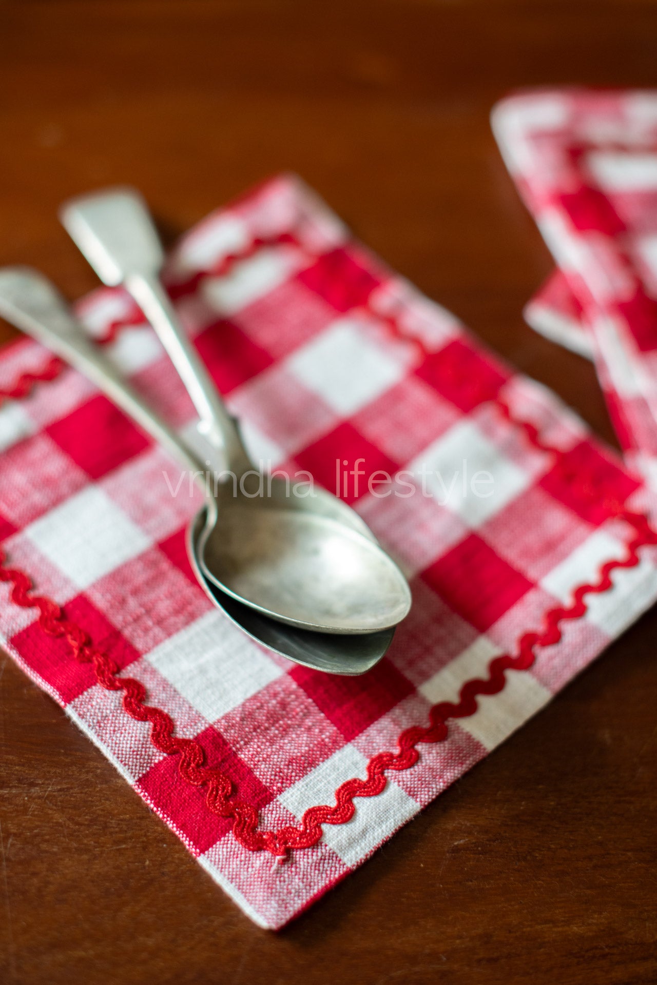 Cotton buffalo checks coasters with lace detailing -set of 6