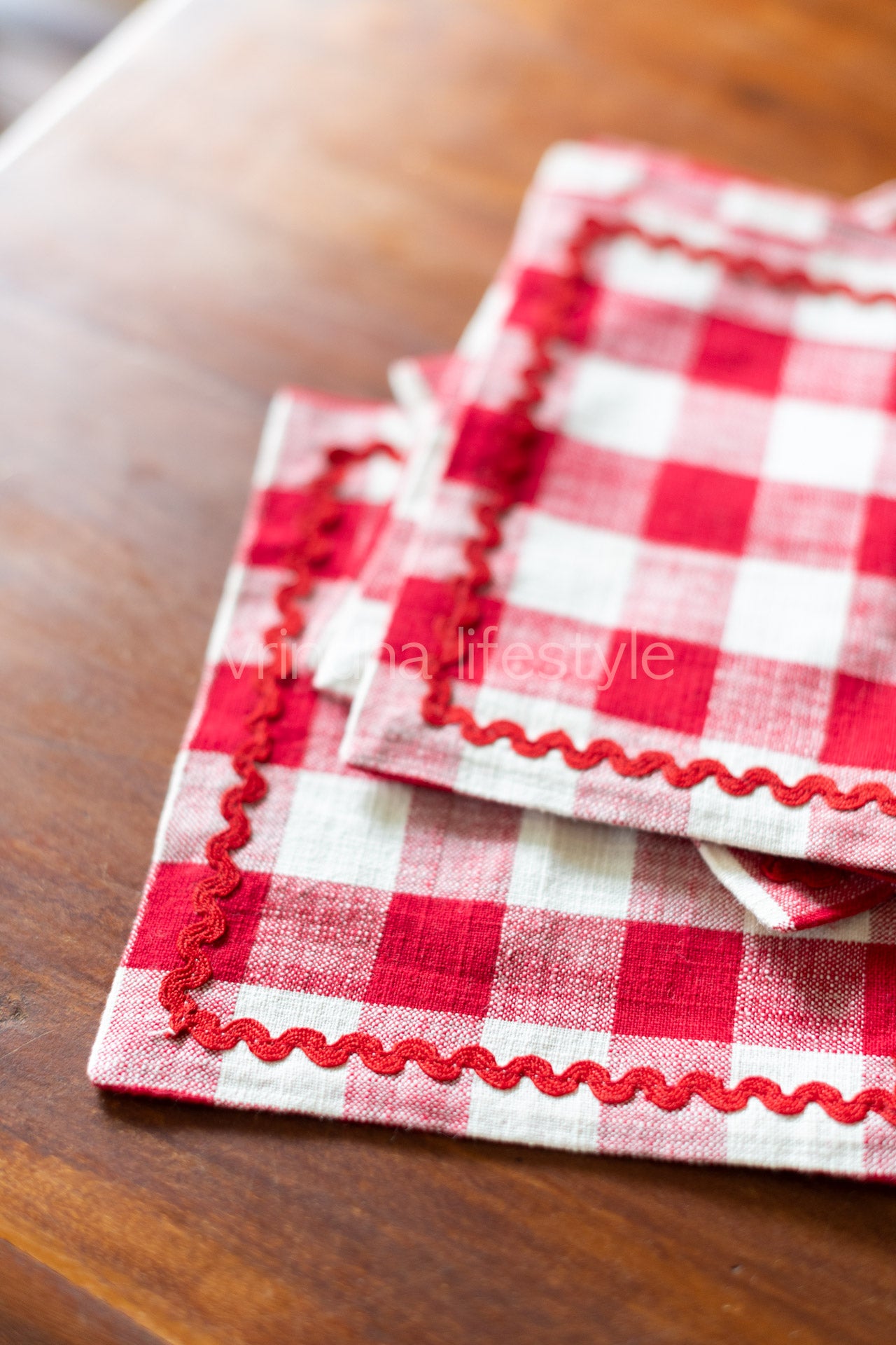 Cotton buffalo checks coasters with lace detailing -set of 6