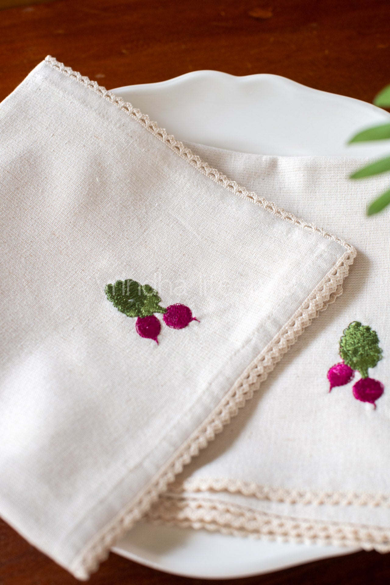 COTTON TABLE NAPKINS with embroidery and lace detailing -Set of 2