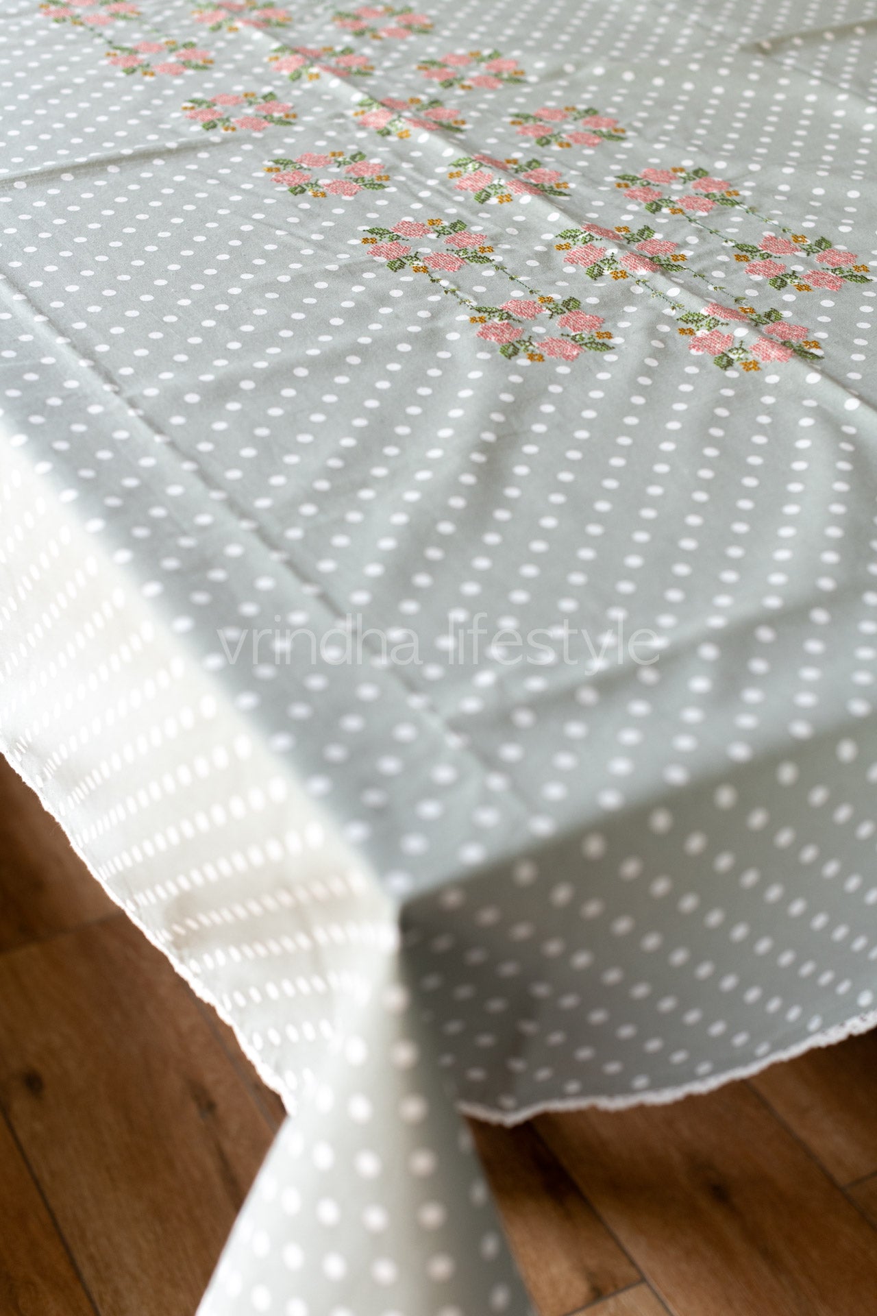 Cotton printed table cloth, with cross stitch embroidery and lace detailing -4 seater