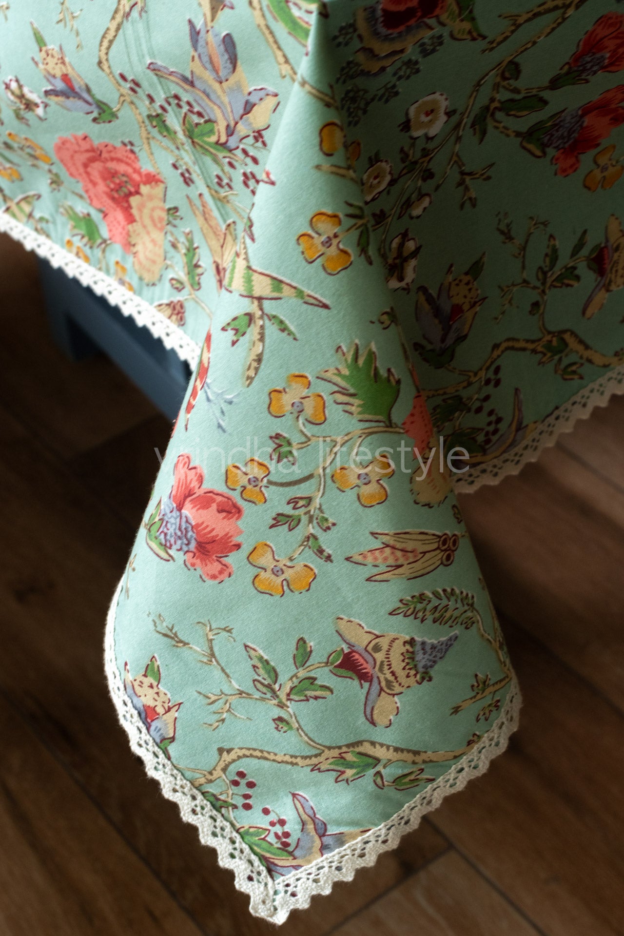 Printed table cloth with lace detailing-8 seater