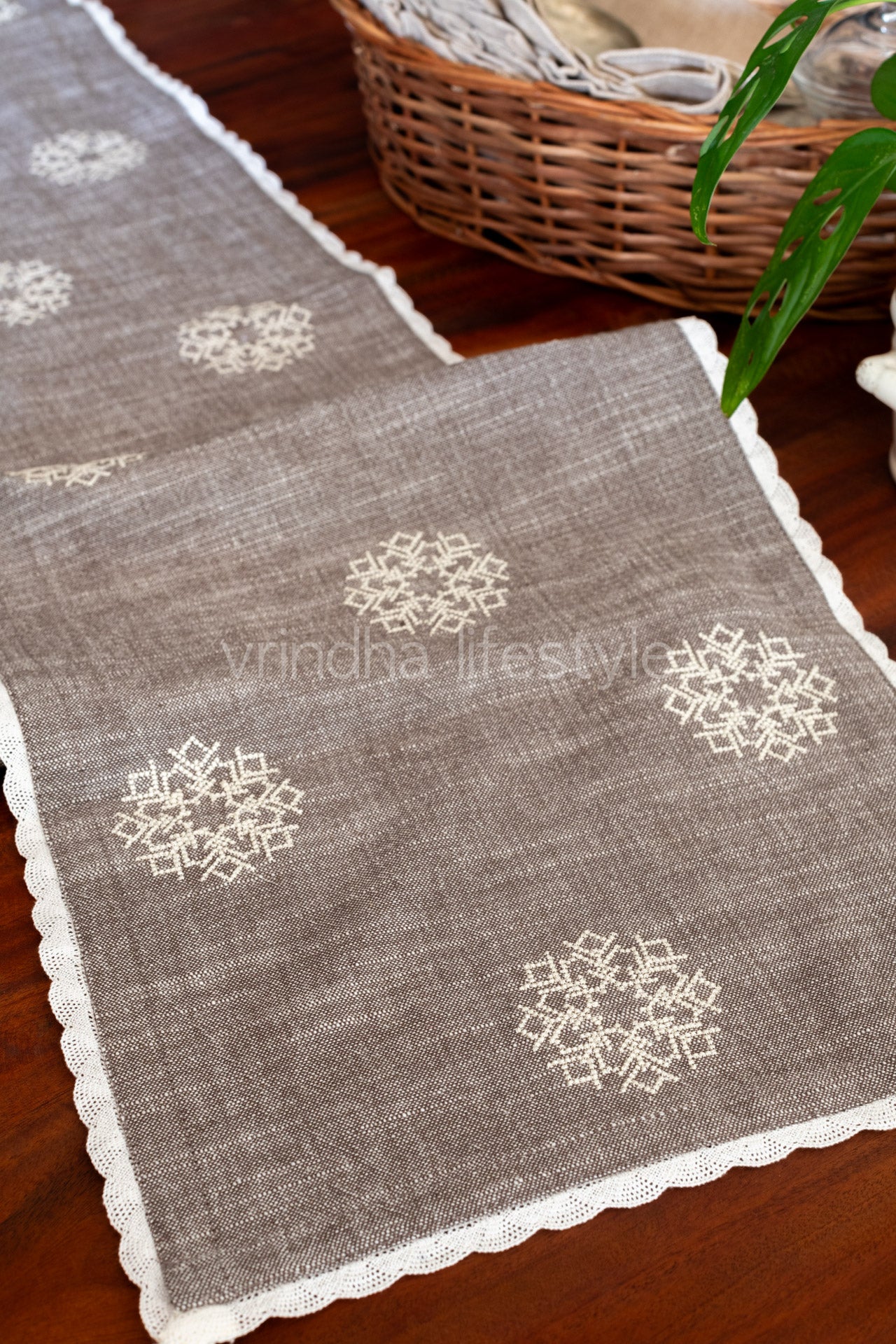 Cotton table runner with cross stitch embroidery and lace detailing -4 seater -11x62 inches