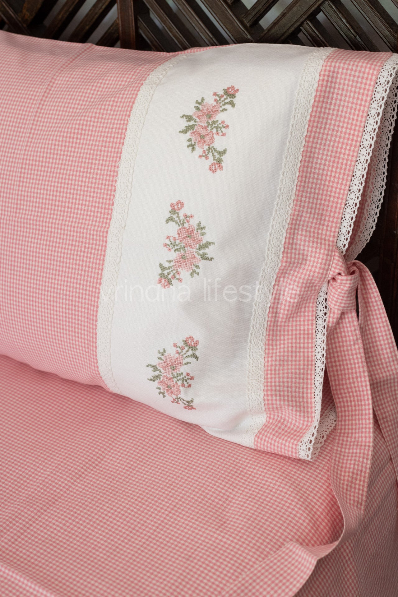Cotton Bedsheet with cotton cross stitch embroidered pillow covers with lace detailing -Single
