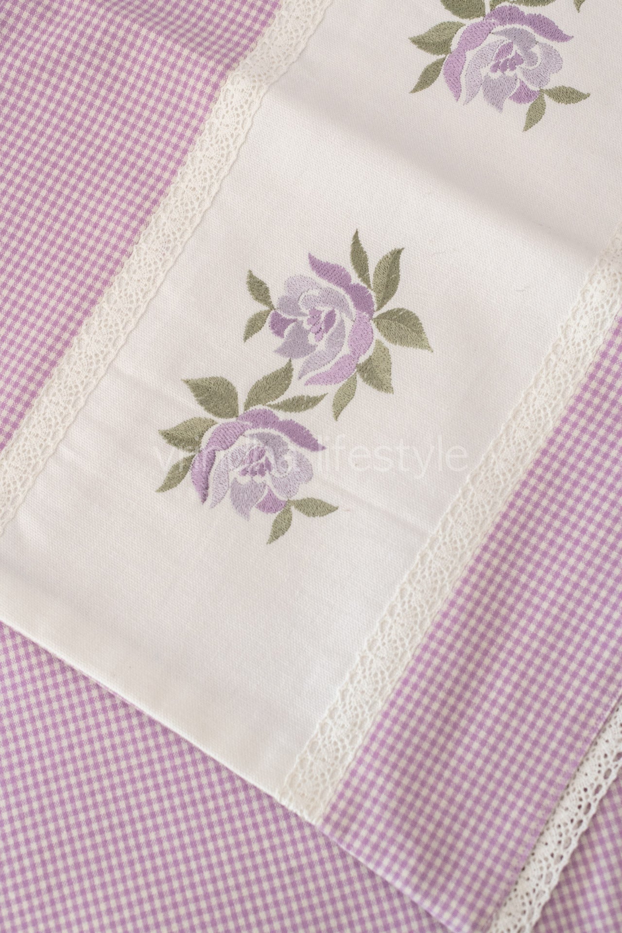 Cotton Bedsheet with cotton cross stitch embroidered pillow covers with lace detailing -Single