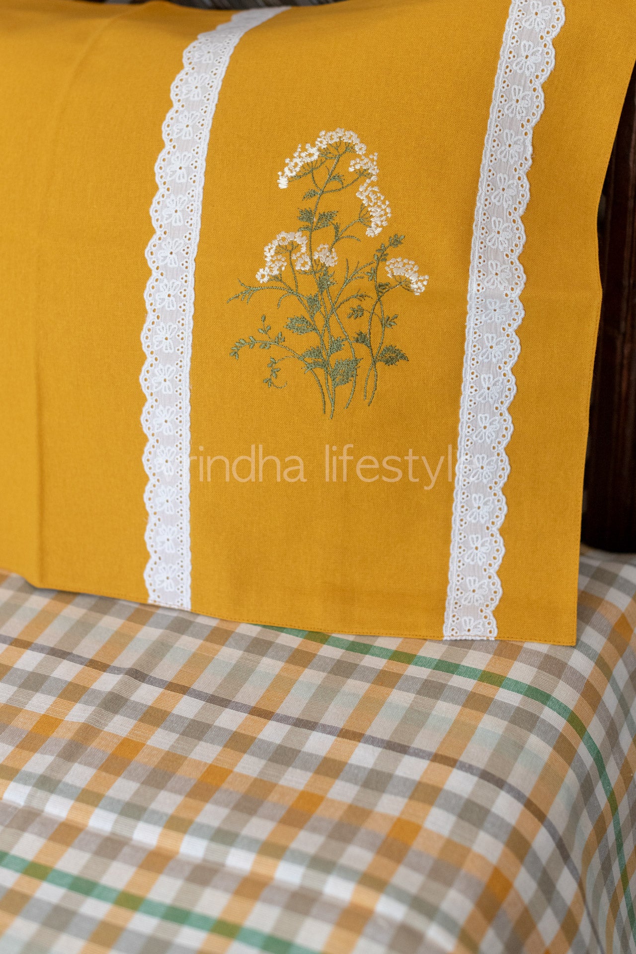 Cotton Bedsheet with cotton embroidered pillow covers with lace detailing -Single