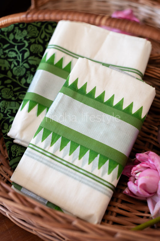 KERALA SET MUNDU-green and silver temple design