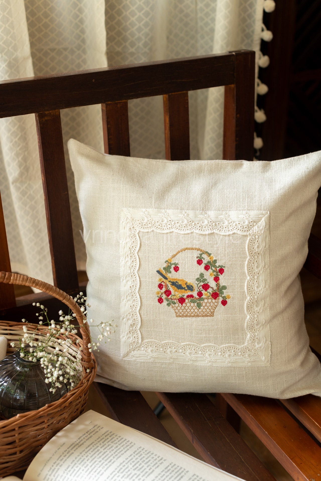 Cotton cushion cover with embroidery and lace detailing -Single unit- 16x16 inches( Customisable)