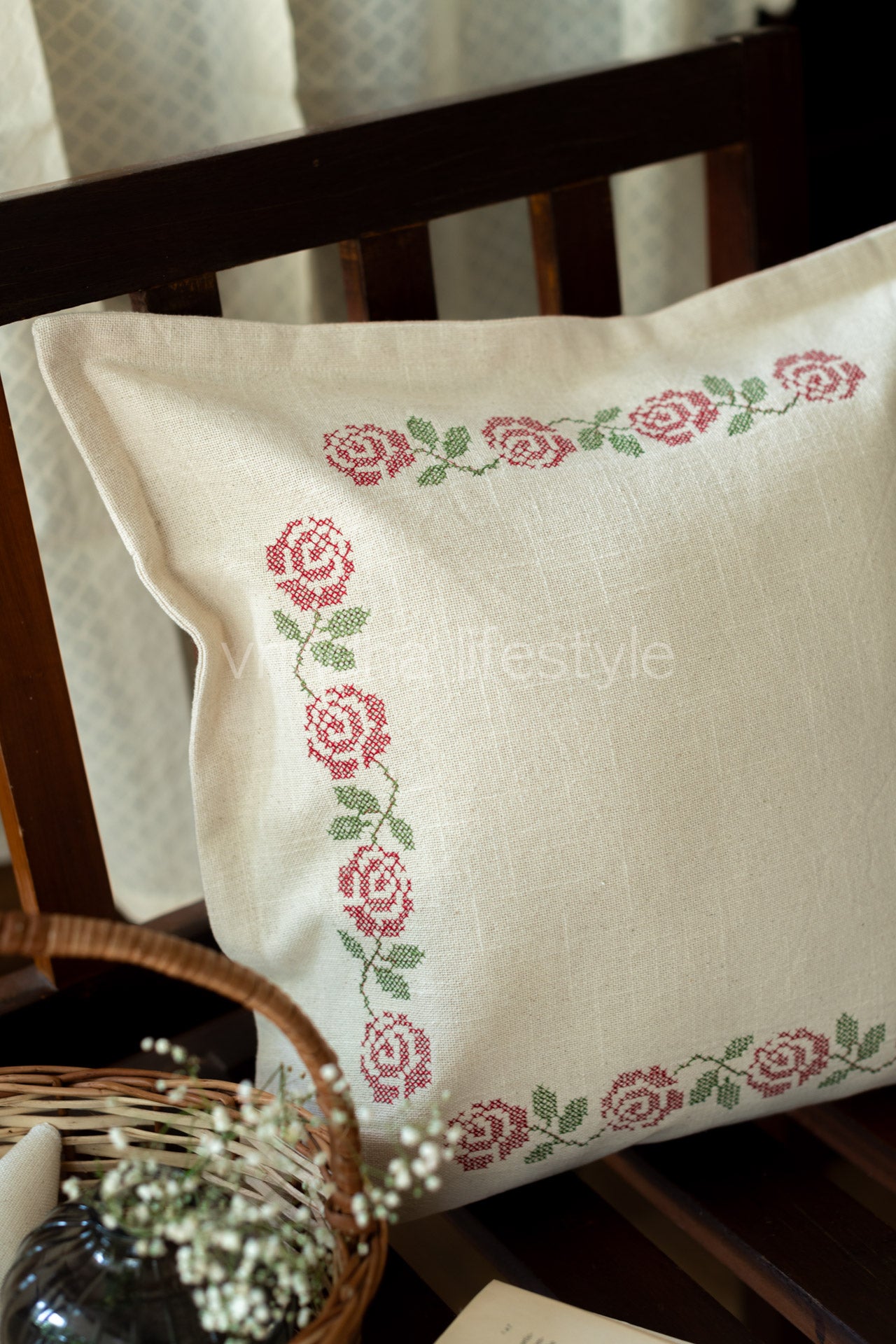 Cotton cushion cover with cross stitch embroidery -Single unit- 16x16 inches( Customisable)