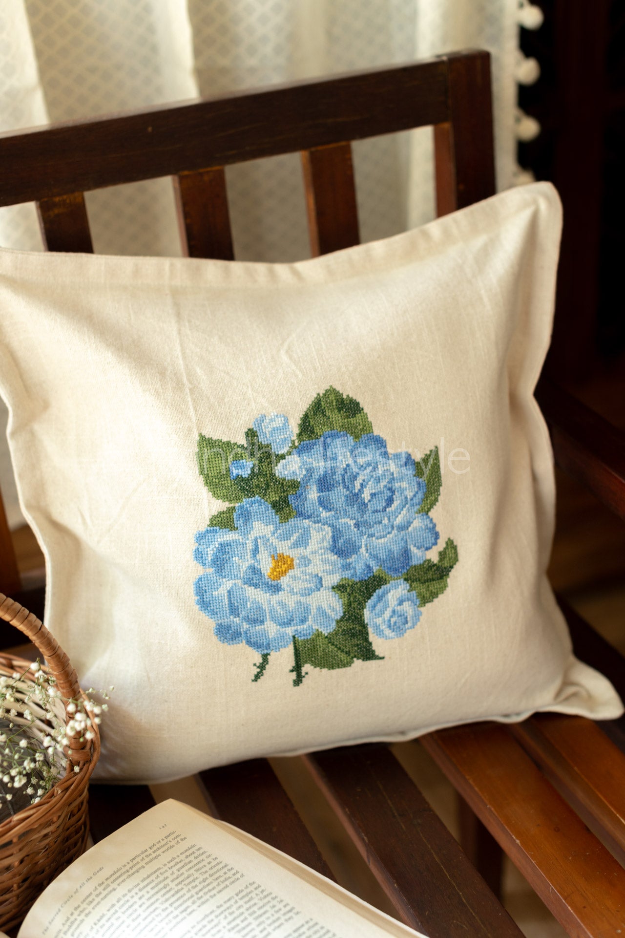 Cotton cushion cover with cross stitch embroidery -Single unit- 16x16 -customisable