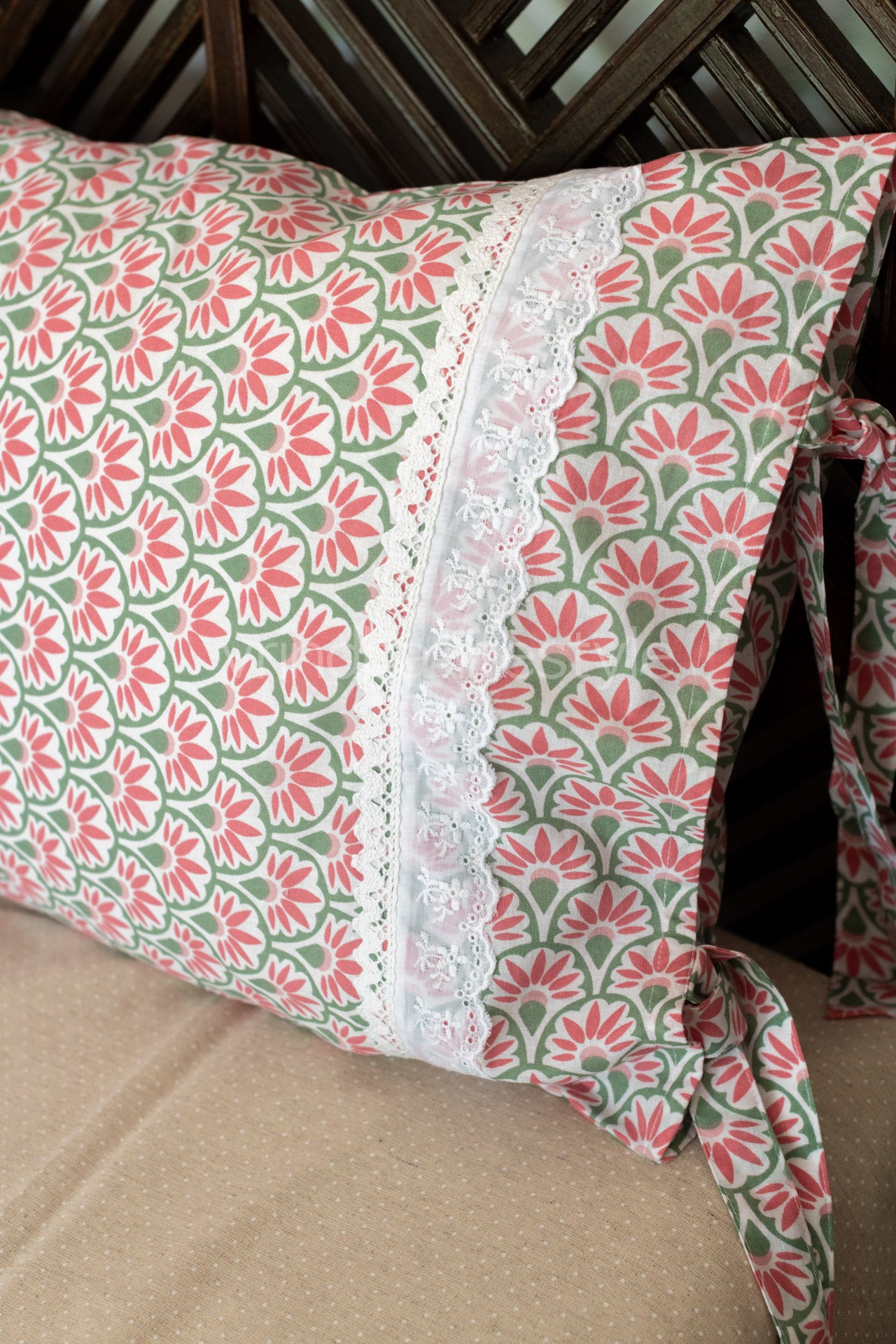 Printed cotton pillow cover with lace detailing -set of 2