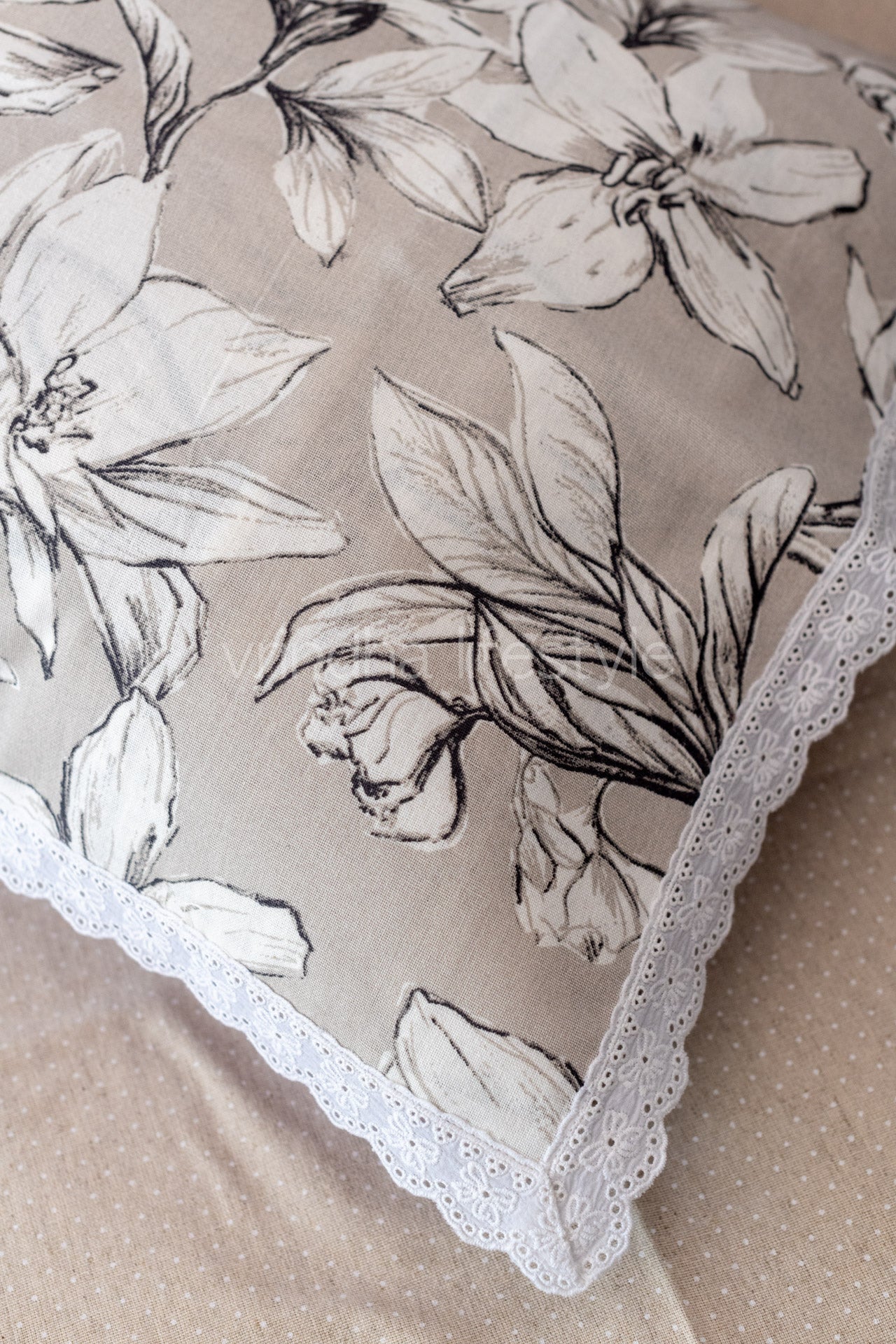 Printed cotton pillow cover with lace detailing -Single unit