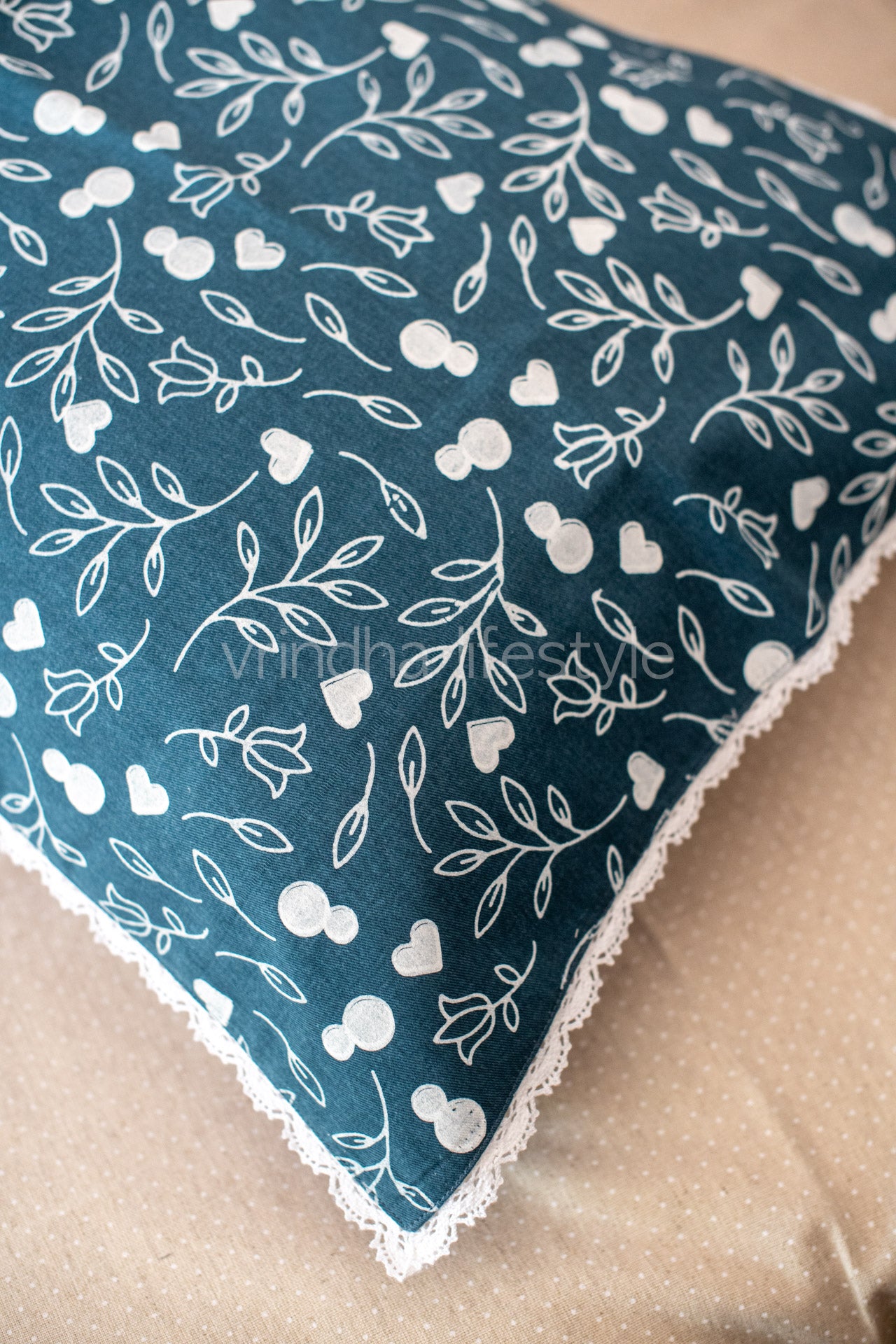 Printed cotton pillow cover with lace detailing -set of 2