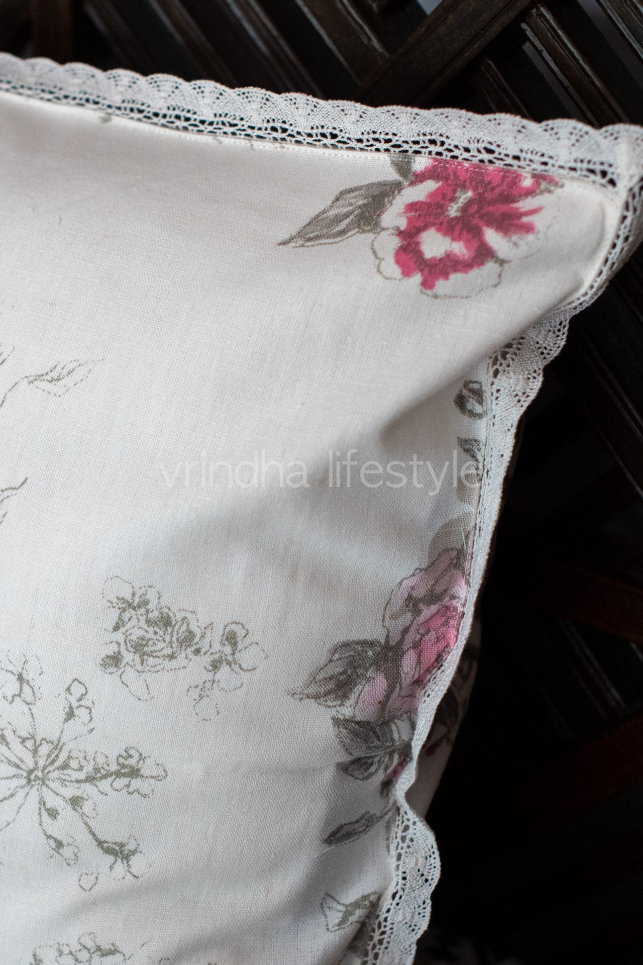 Printed cotton pillow cover with lace detailing -set of 2