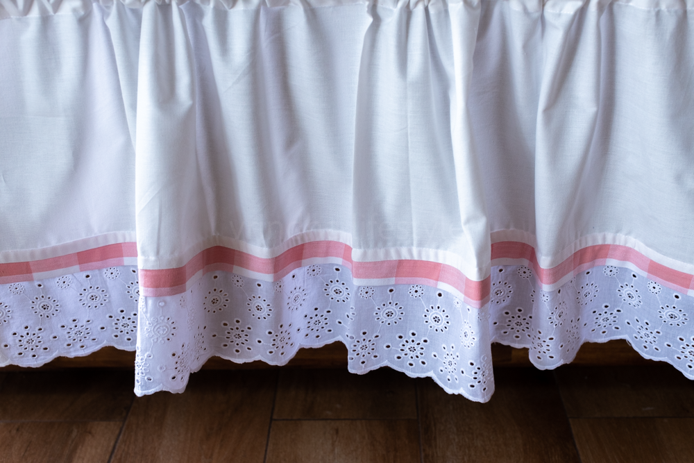 white and pink kitchen curtain