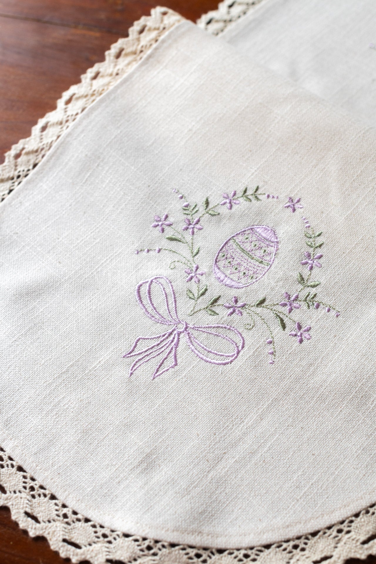 Cotton coffee table runner with embroidery and lace detailing - 12x30 inches