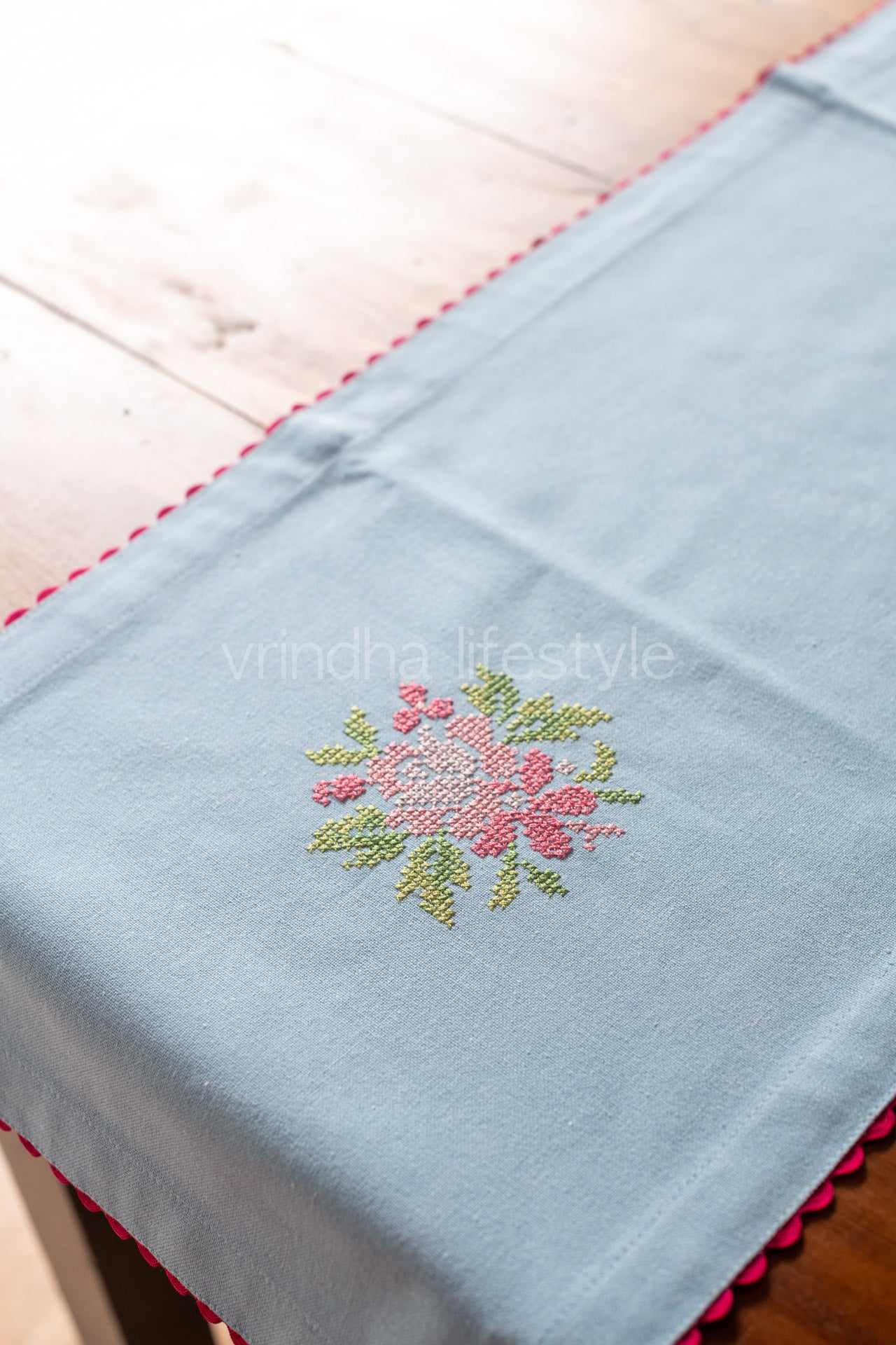 Cotton table runner with embroidery and lace detailing -12x44 inches