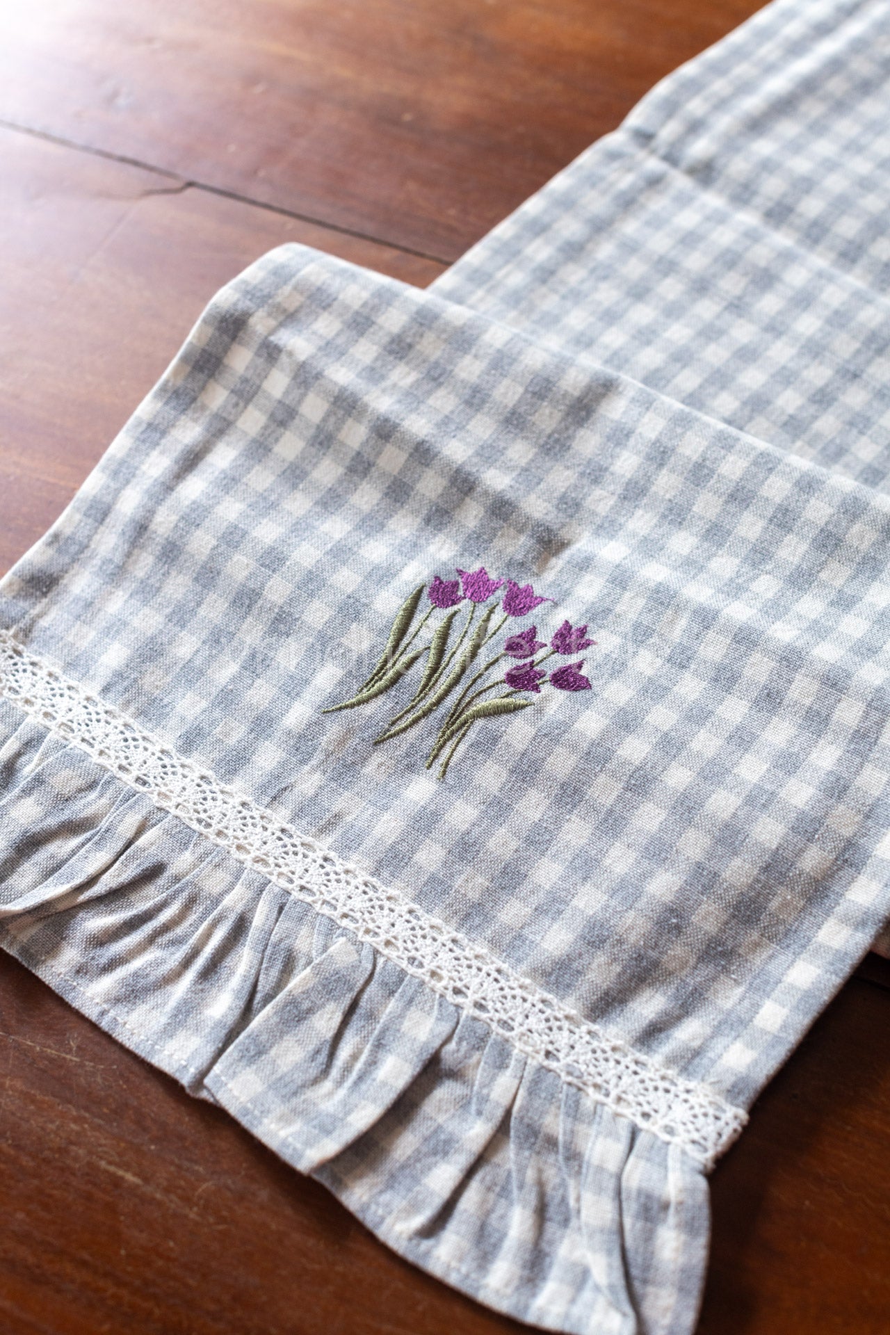 Cotton coffee table runner with embroidery and frill detailing - 11x33 inches