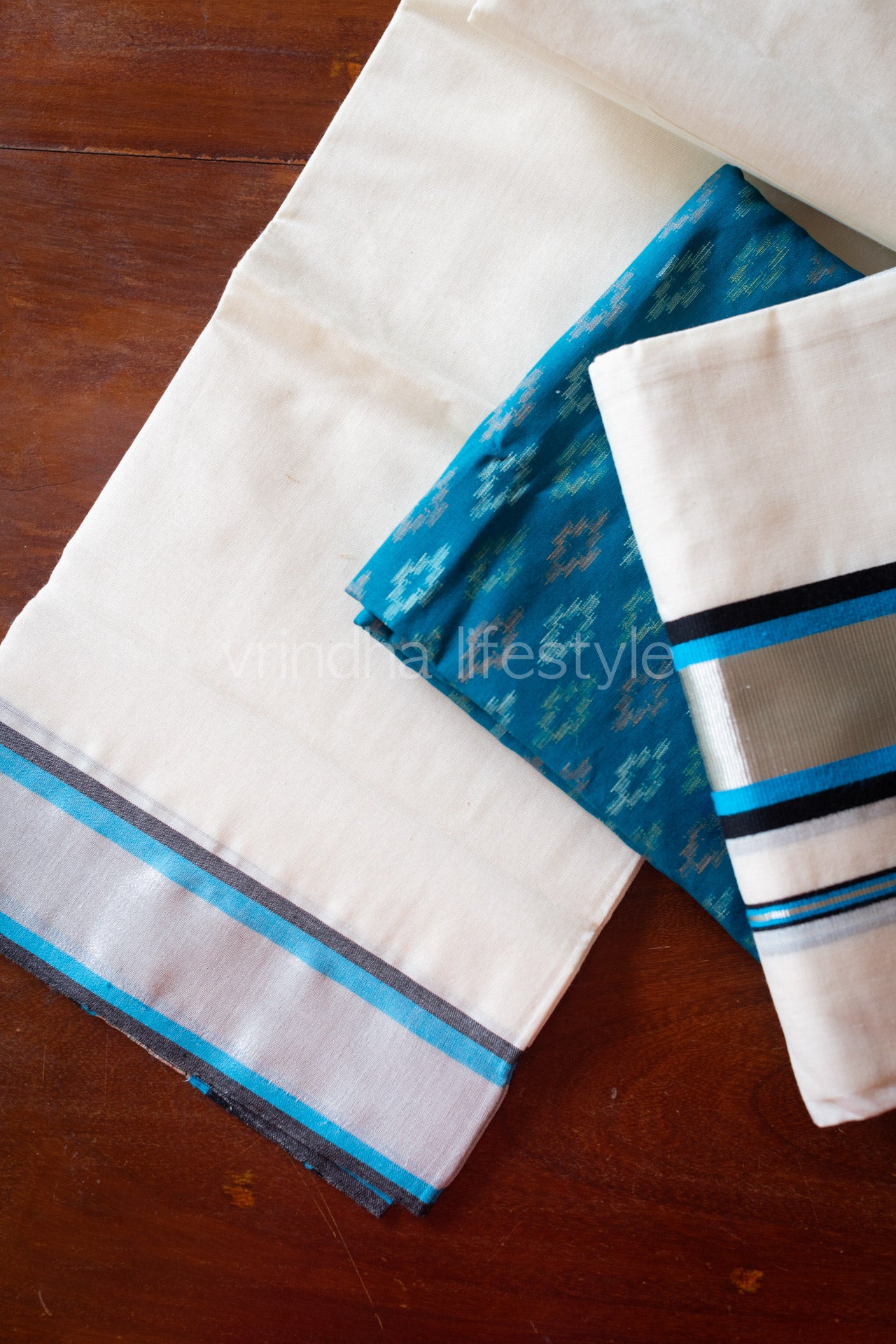 Kerala Set Mundu-Blue ,black and Silver kasavu
