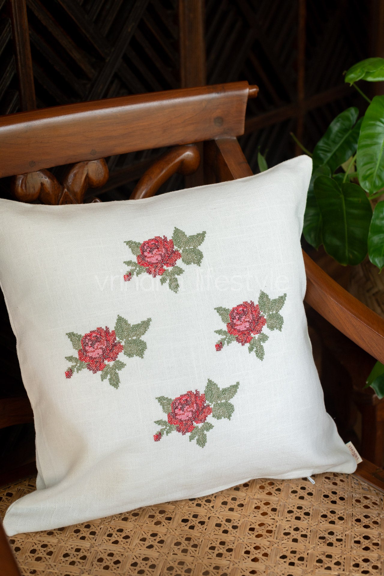 Cotton cushion cover with cross stitch embroidery -Single unit- 16x16 inches( Customisable)