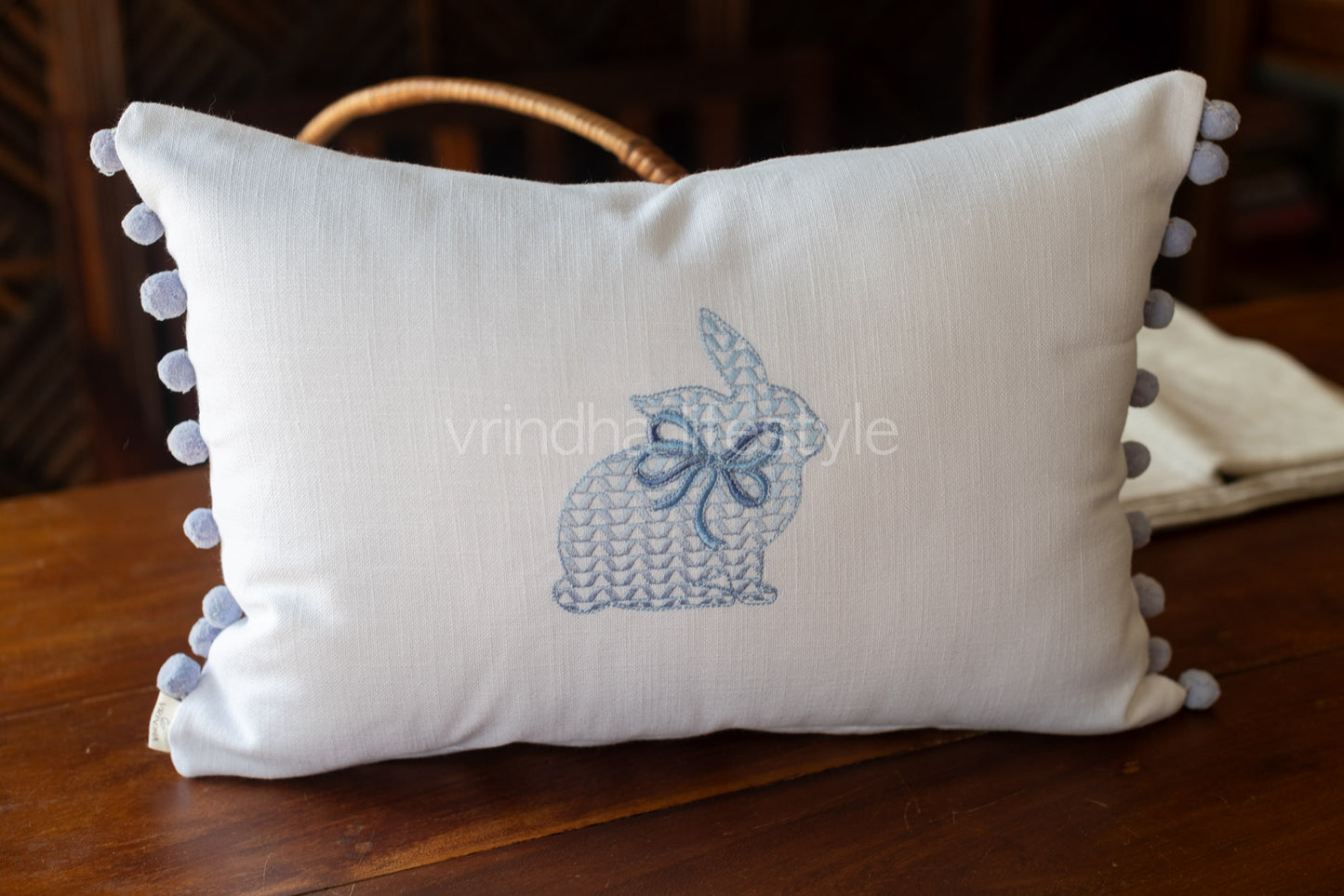Cotton pre-filled cushion cover with embroidery and pompom -12x18 inches-single unit