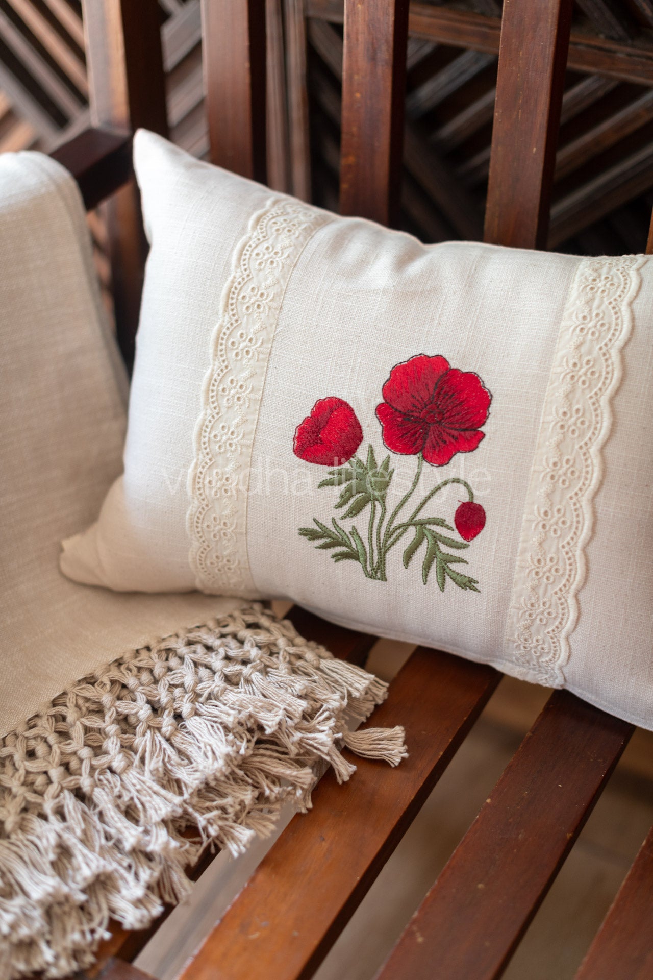 Cotton pre-filled cushion cover with embroidery and lace detailing -12x18 inches-single unit