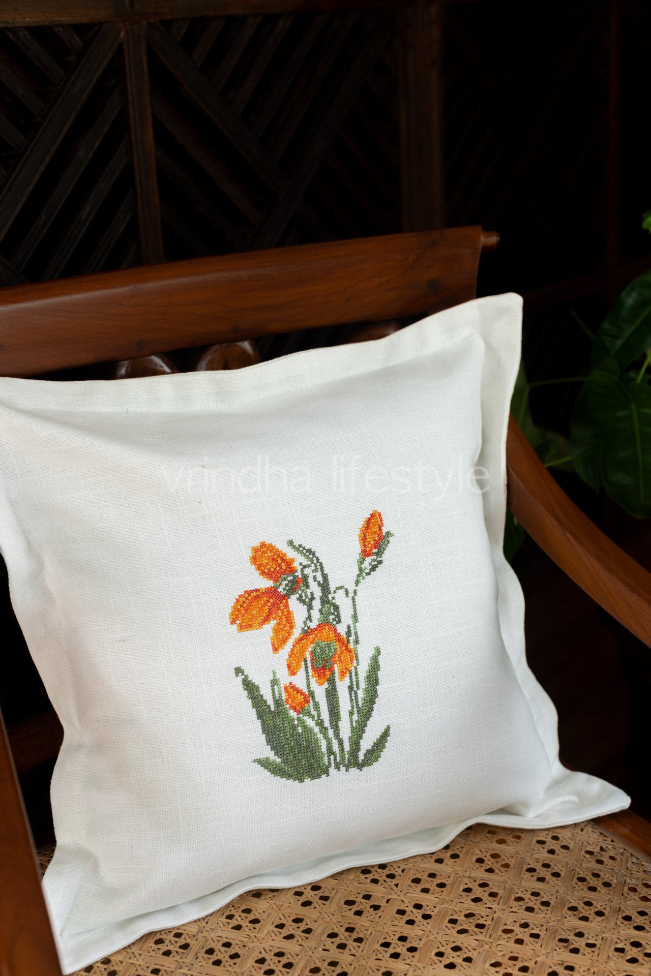 Cotton cushion cover with cross stitch embroidery -Single unit- 16x16 inches( Customisable)