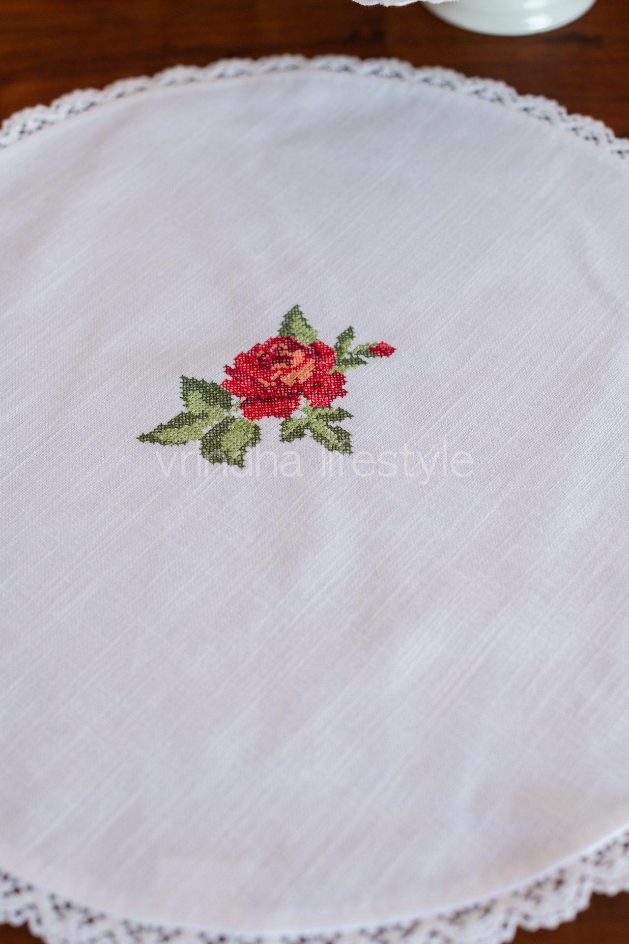 Round table mat with cross stitch embroidery and lace detailing-15 inches