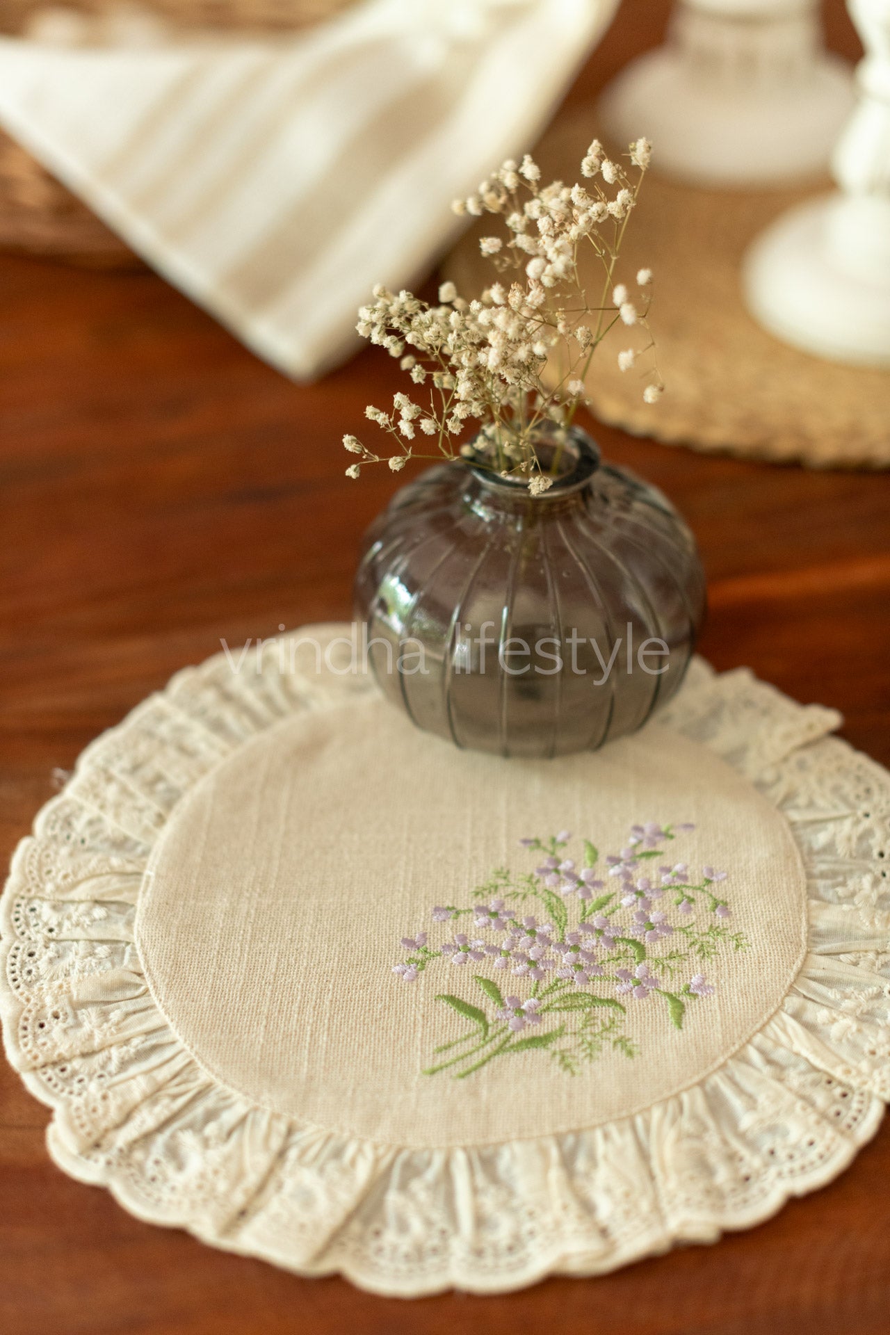 Round embroidered table mat with lace detailing ,10 inches-Single unit
