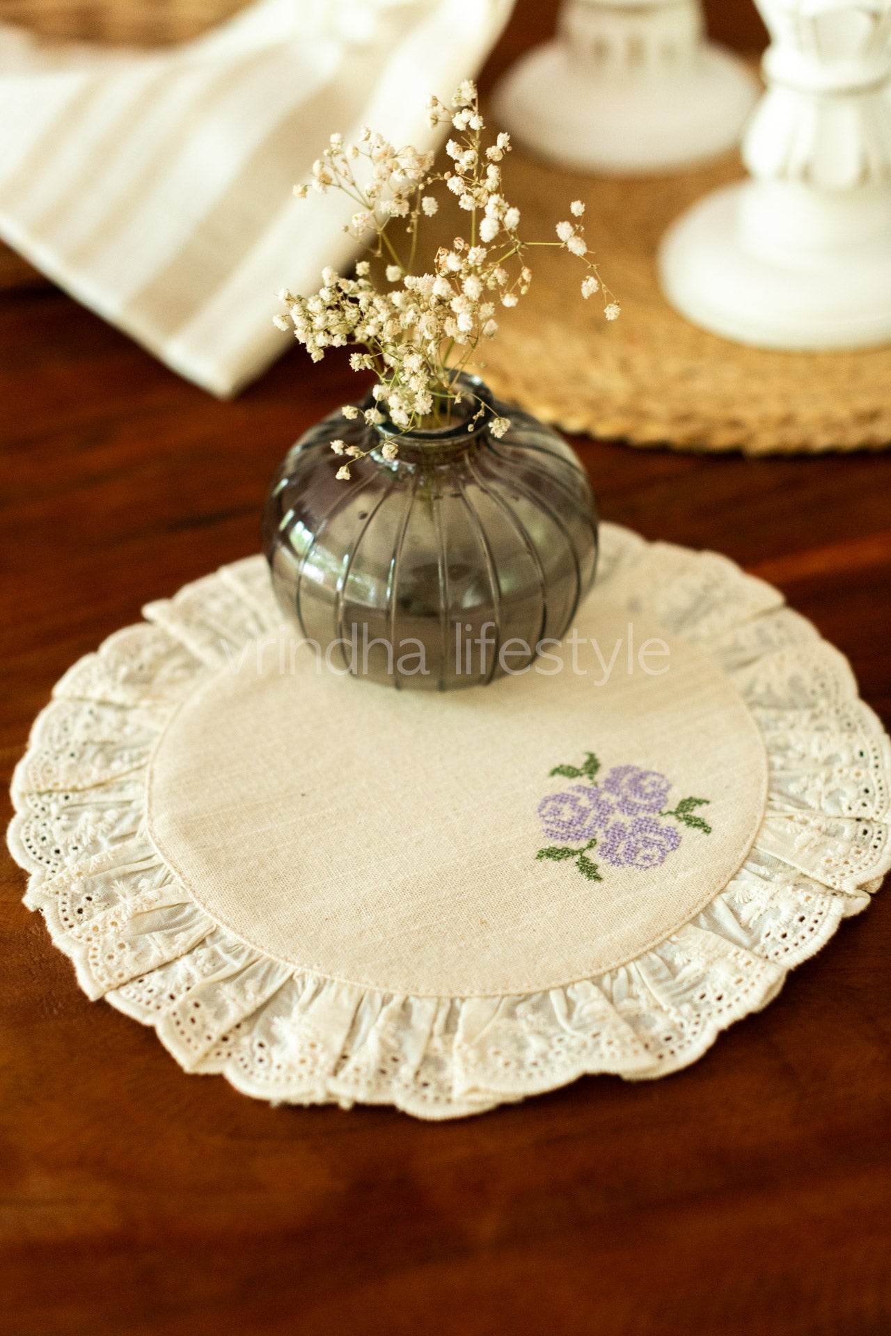 Round embroidered table mat with lace detailing ,10 inches-Single unit