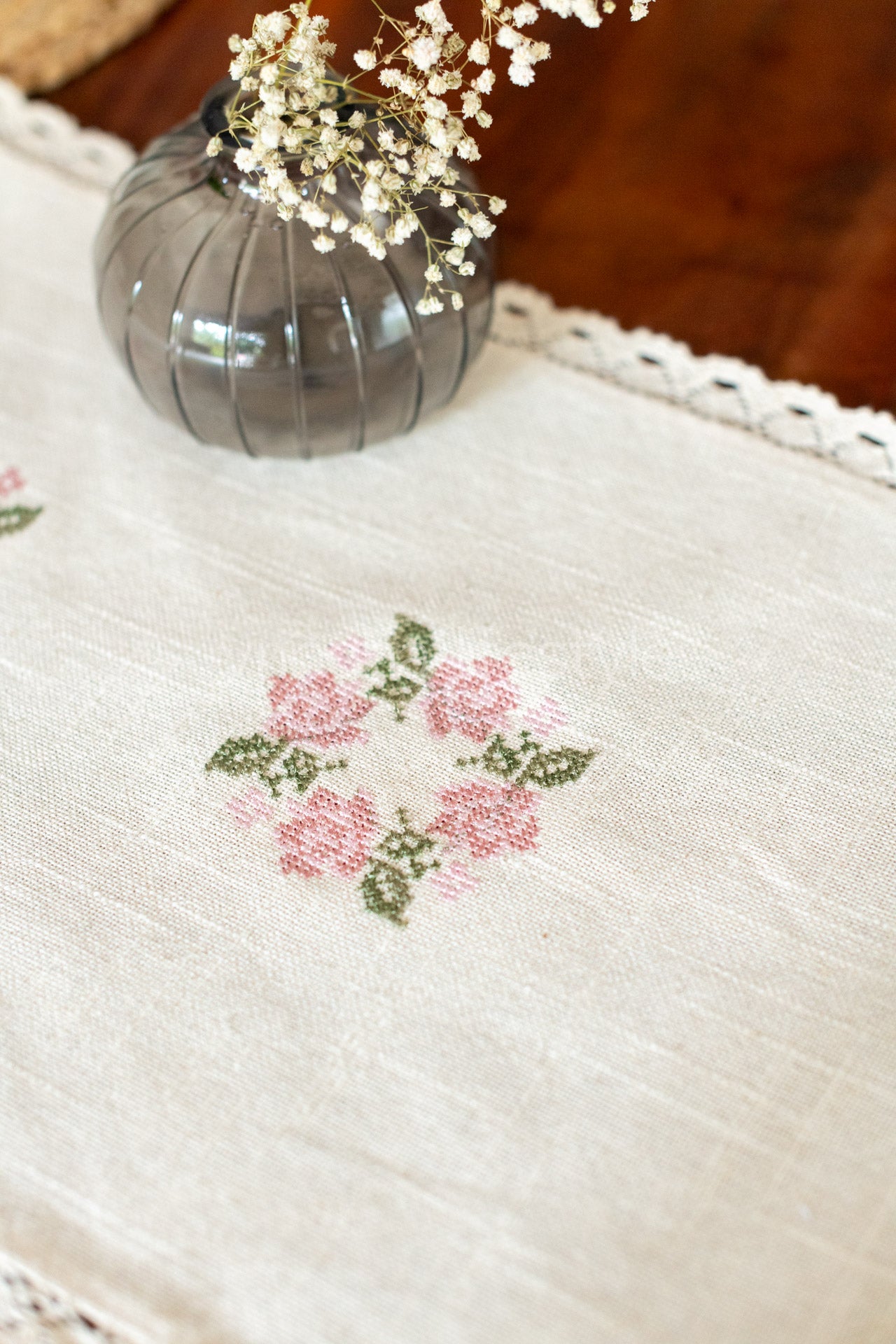 Coffee table runner with embroidery and lace detailing - 13x32inches-customisable